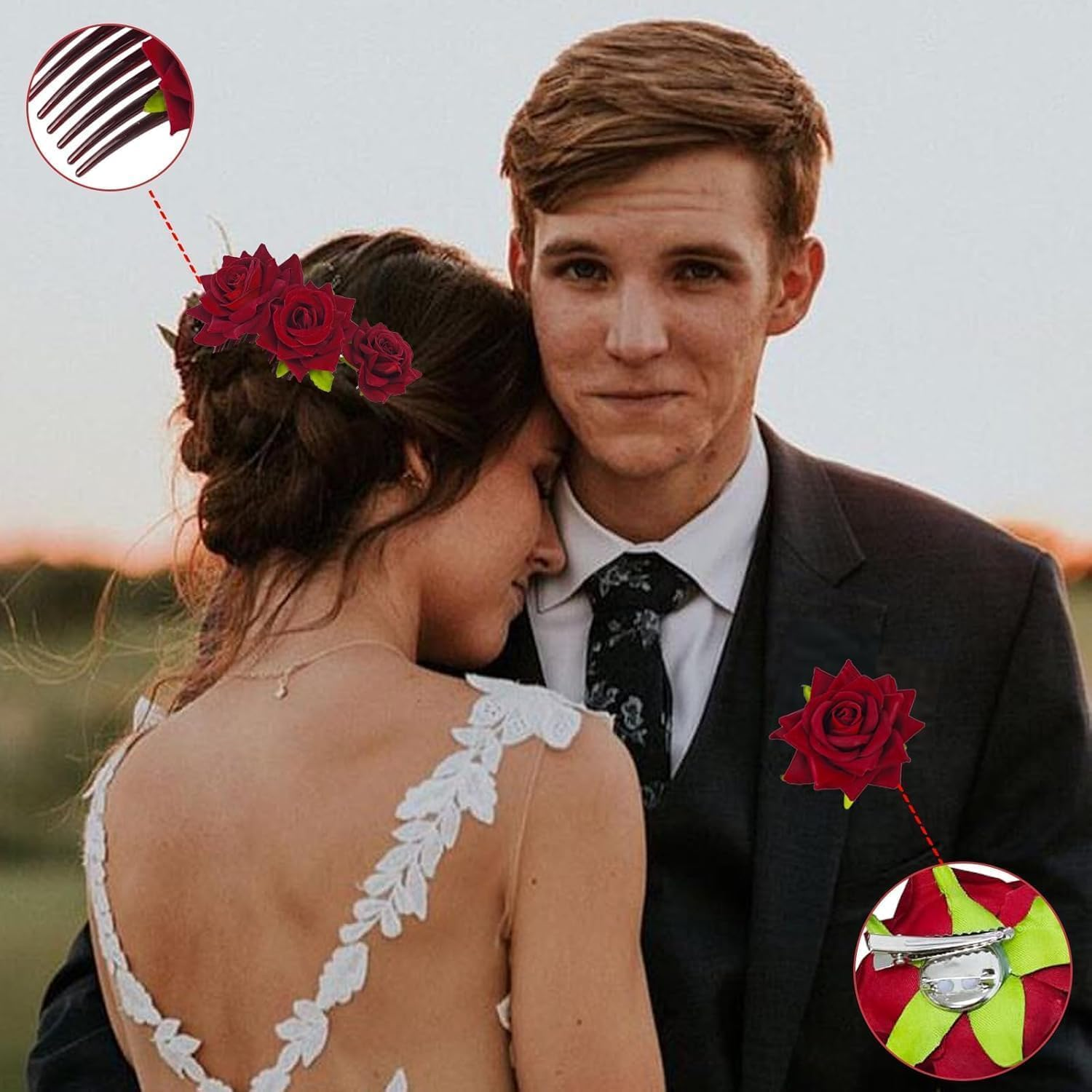 Xiaaofea 4 Pieces Large Rose Hair Clip and Brooch Set, Floral Hair Accessories for Women, Flamenco Dancer, Bridal Party Wedding, Bridesmaid Hairpin image number 5