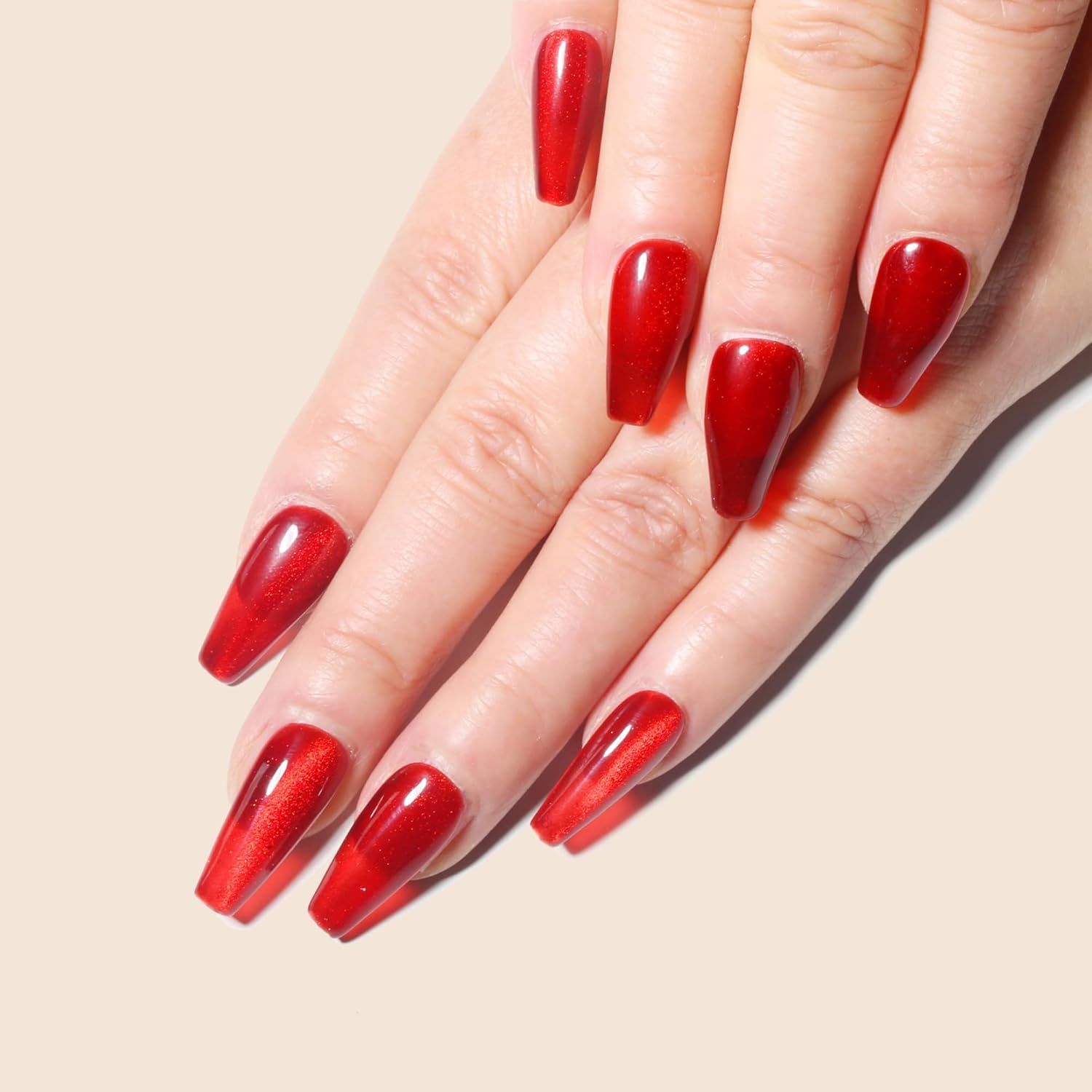 Sun&Beam Nails Handmade Press-On Medium Long Coffin Red Ruby Magnet False Nail Tips Hand-Drawn Design Fashionable 10 Pcs Set (#164 XS) image number 4