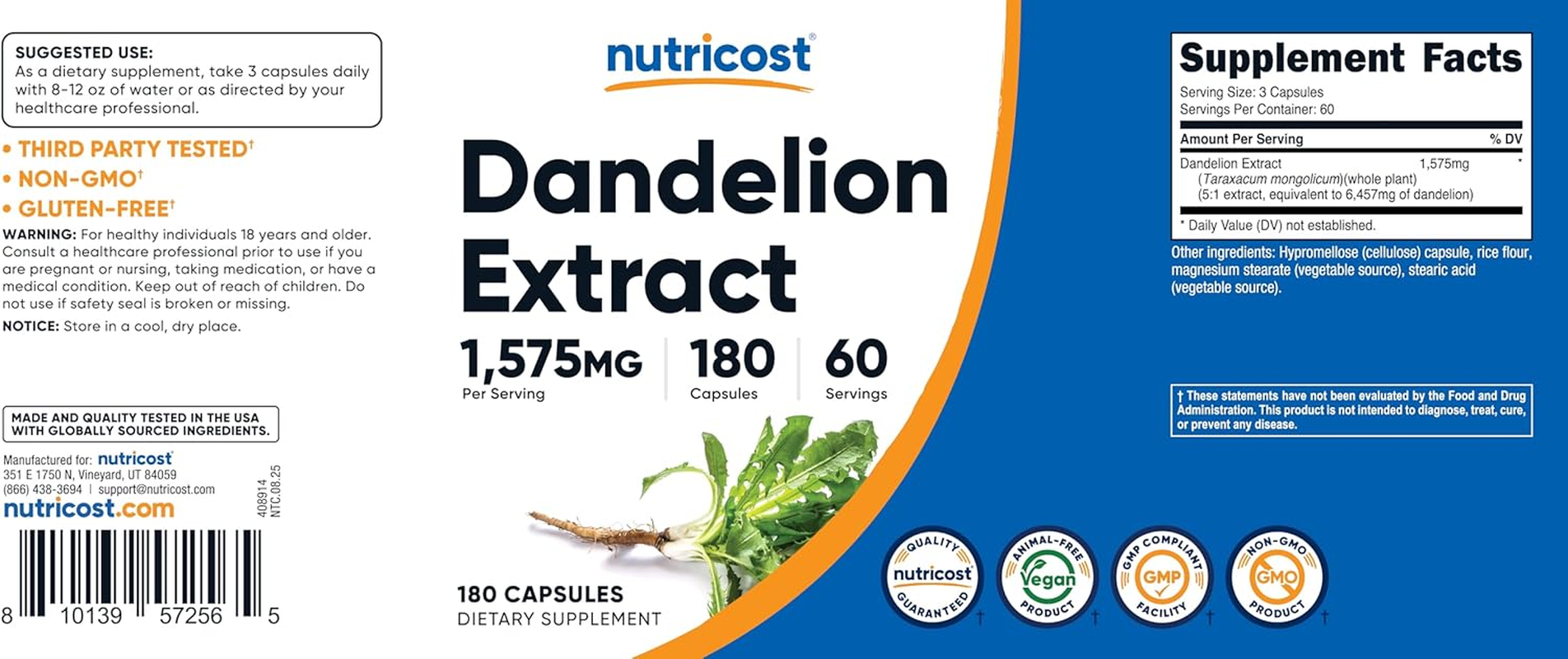 Nutricost Dandelion Root 525Mg, Ules - 1575Mg Serving, Non-Gmo, Gluten Free image number 3