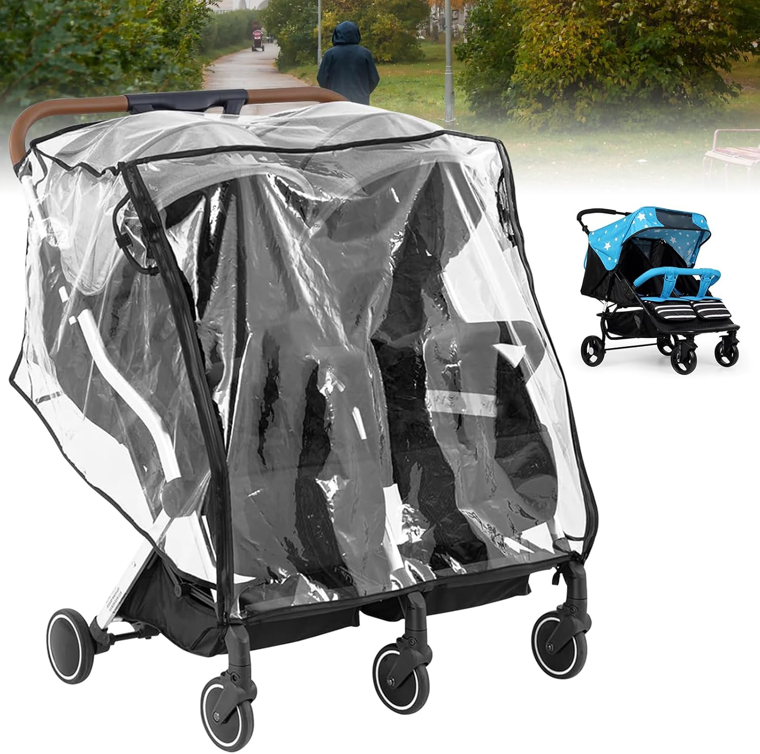 Double Stroller Rain Cover Universal Rain Cover for Side by Side Baby Stroller Stroller Raincoat Transparent Twins Stroller Cover Baby Outdoor Accessories for Outdoor image number 3