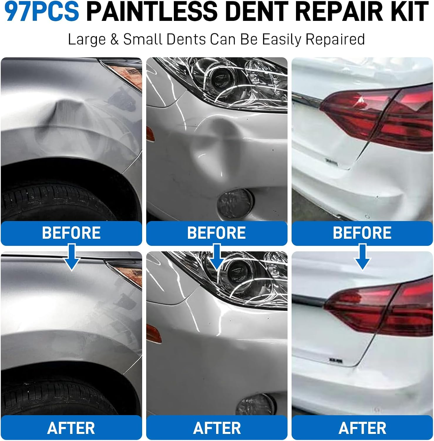 97Pcs Dent Puller Kit, Car Dent Puller for Dent Removal, Paintless Dent Removal Kit with Golden Lifter, Bridge Puller, Slide Hammer T-Bar, Dent Remover Tool for Car Refrigerator Door Ding Repair image number 6