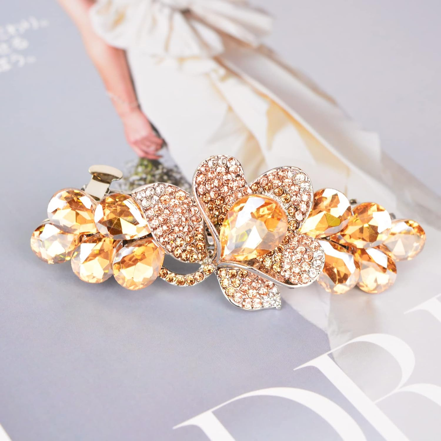 Sankuwen Flower Luxury Jewelry Design Hairpin Rhinestone Hair Barrette Clip(Style C,Champagne) image number 4