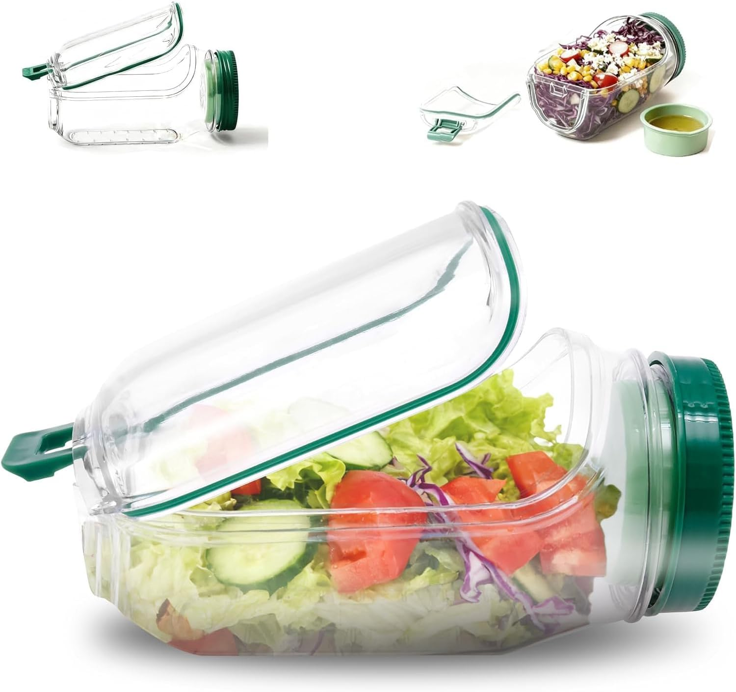 Salad Jar with Side Opening,Igugig Salad Pod Mason Jar Container with Leakproof Dressing Cup Dishwasher Safe Canisters for Meal Prep Home Outdoor Travel