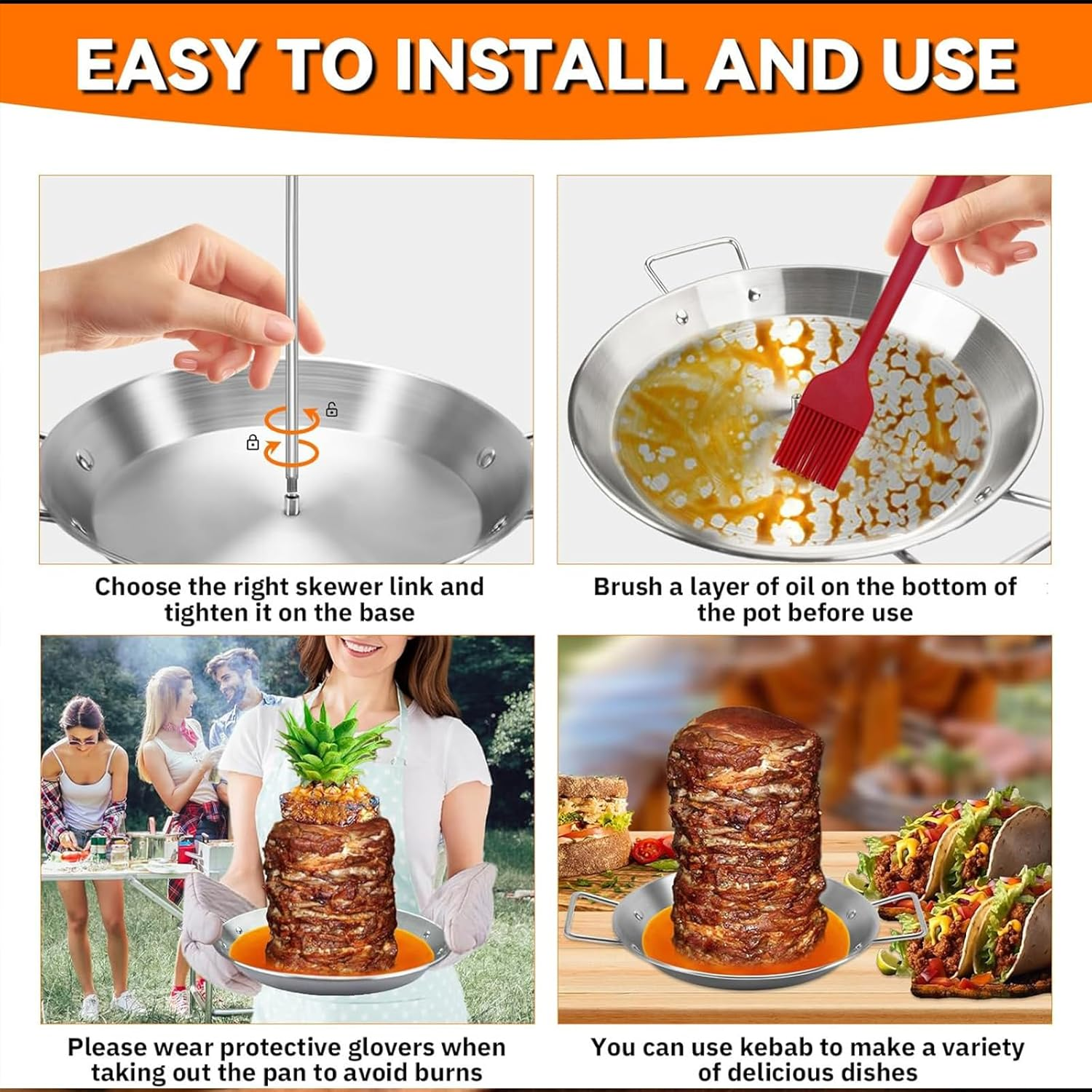 Al Pastor Skewer for Grill, Brazilian Spit Stand with 3 Removable Skewers (8&rdquo;, 10&rdquo;, 12&rdquo;) & Barbecue Tongs and 2 Brushes, Brushes, Perfect for Tacos Al Pastor, Shawarma, Kebabs, Smoker, BBQ, Oven image number 5