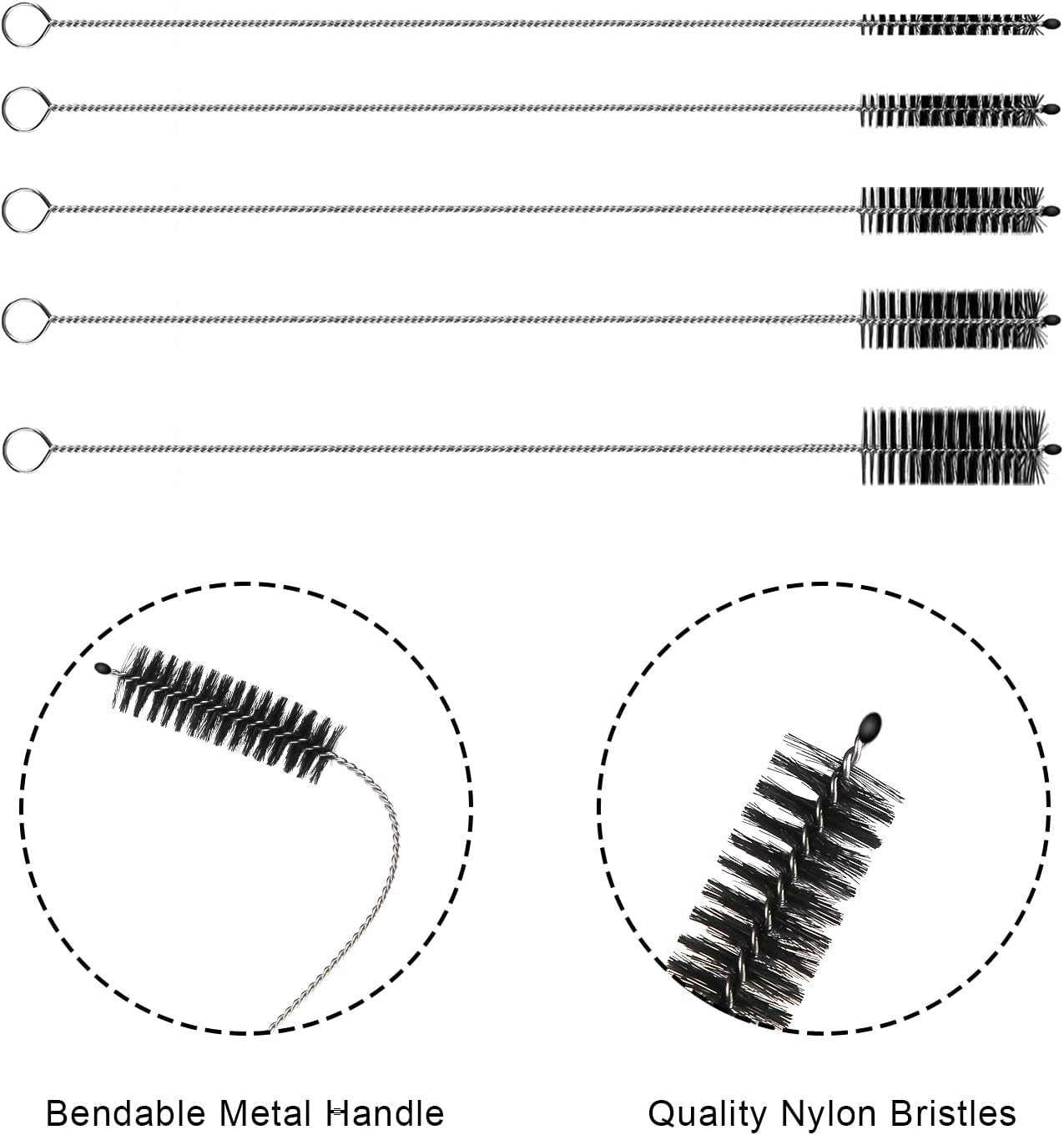 10Pcs Nylon Bottle Brush, 11.5 Inch Long Straw Brushes Nylon Tube Brush Set with 5 Sizes Bottle Cleaner Brushes for Cleaning Pipe Straw Wine Bottle Sink (Black, White) image number 6