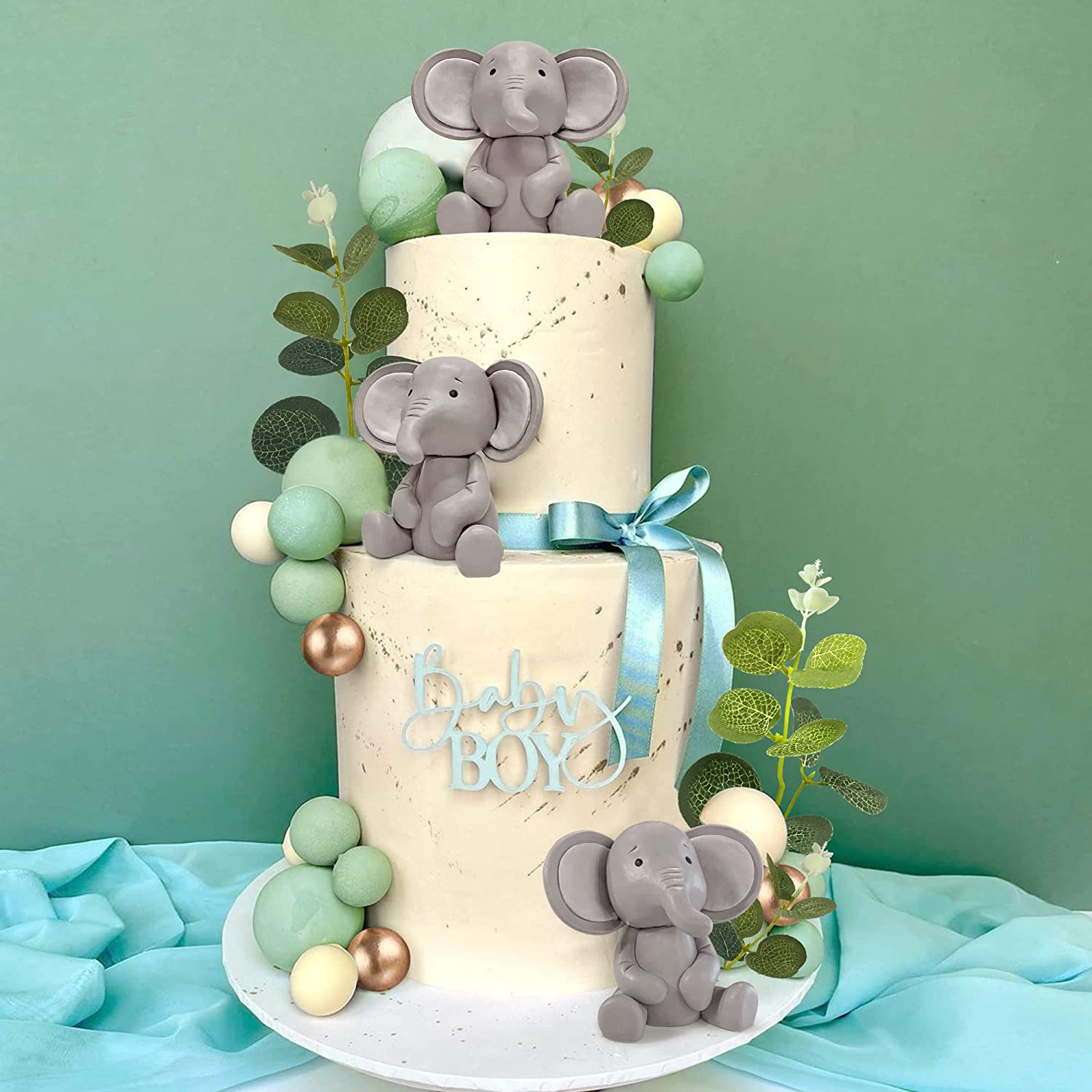 26 PCS Elephant Cake Decoration Cute Baby Elephant Cake Decorations Pearl Balls Cake Picks Eucalyptus Leaves Decoration Elephant Baby Shower Cake Decoration image number 2