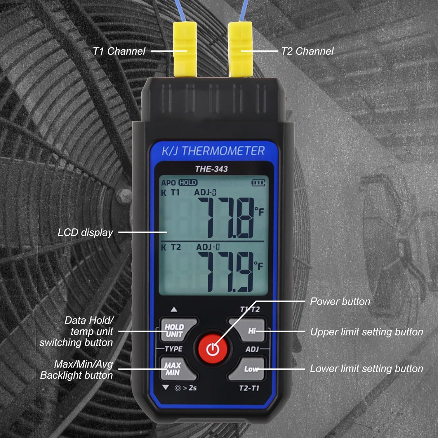 Thermocouple Thermometer HVAC Temperature Meter, Digital Temperature Thermometer with 4 K Type Thermocouple, Dual Channel Temperature Gauge with Alarm & ADJ Compensation (-328~2500℉ Measuring) image number 4