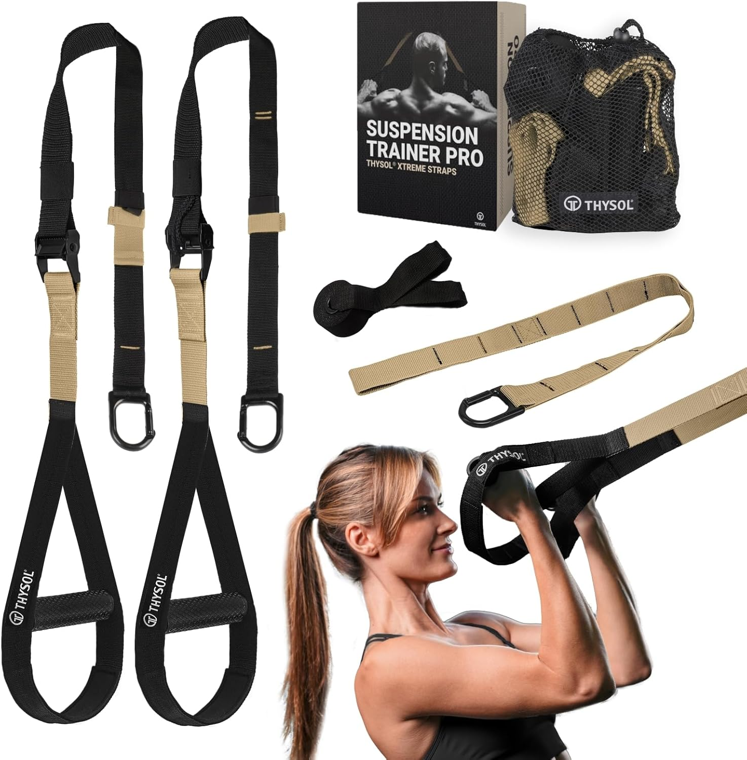 THYSOL&reg; Suspension Trainer Pro Xtreme Straps Army | Sling Trainer Set with Adjustable Door Anchor | Fitness Home Workouts - Suitable for Travelling & for Training Indoor & Outdoor