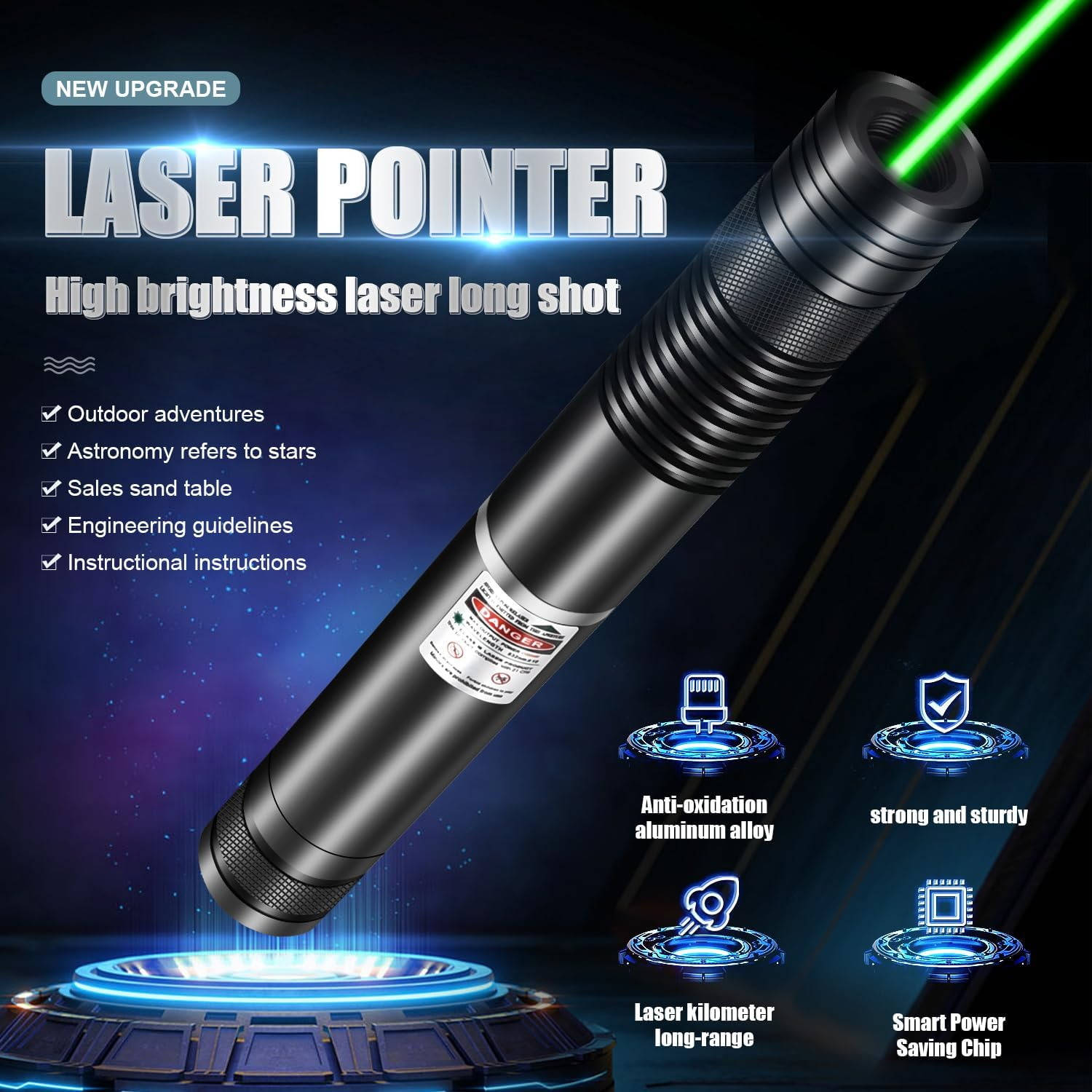 Rechargeable Green Laser Pointer High Power, Long Range Laser Pointer Green Visible Beam for Astronomy, Architecture, Outdoor Adventures