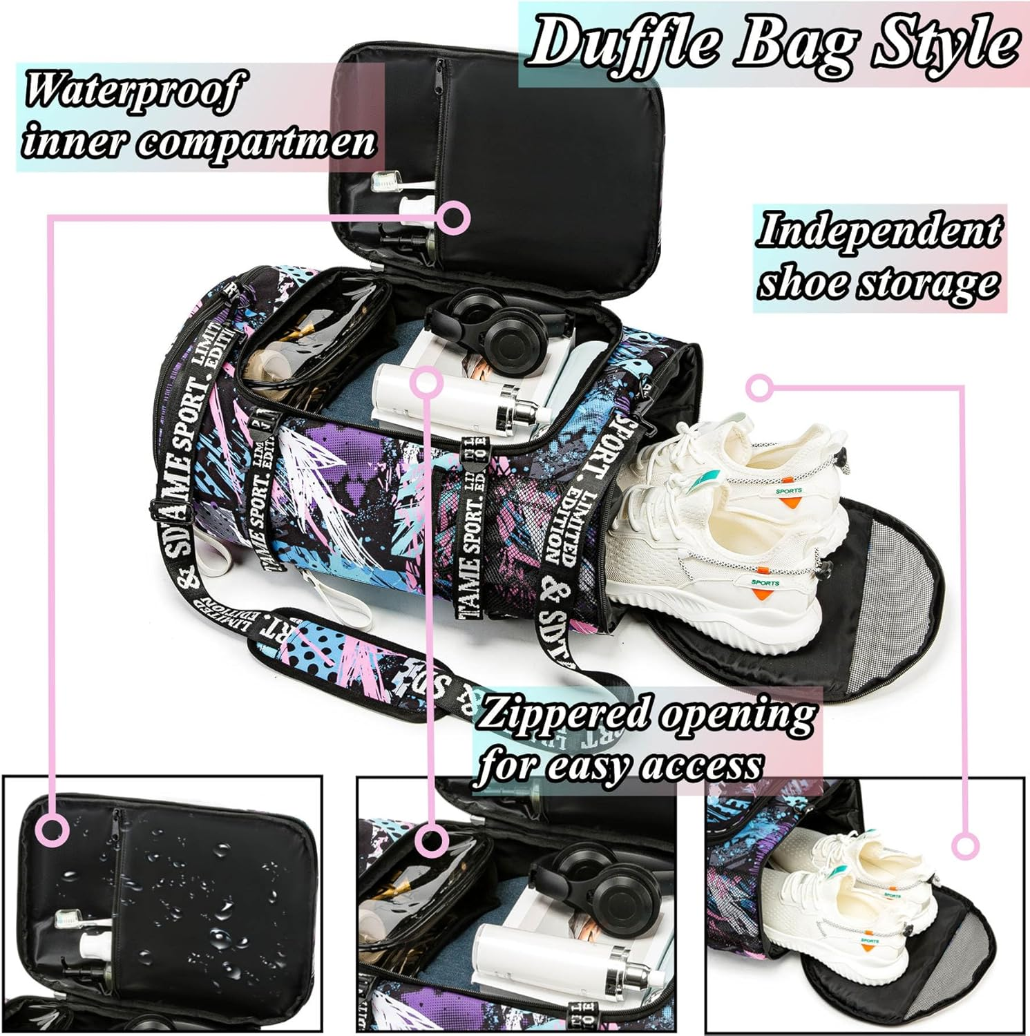 Duffle Bag Backpack with Shoes Compartment for 4-Way Waterproof Travel Sport Hiking Laptop - Metallic image number 3
