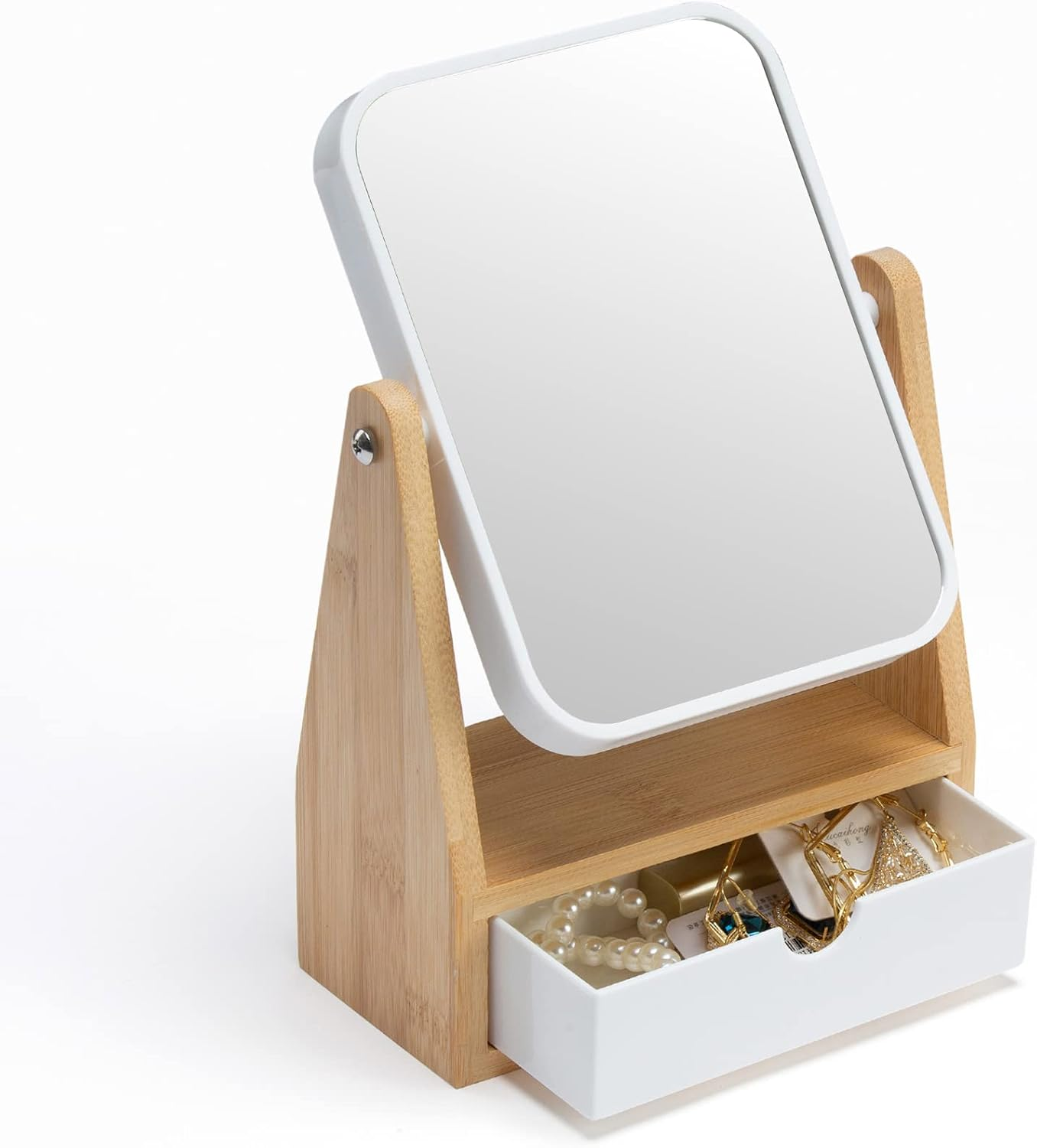 YEAKE Vanity Makeup Mirror with Natural Bamboo Stand, 10"L X 7.5"W, 1X/3X Double Sided Magnifying Mirror with Drawer, Portable Tabletop Mount, Bathroom Shaving Mirror (Round) image number 2