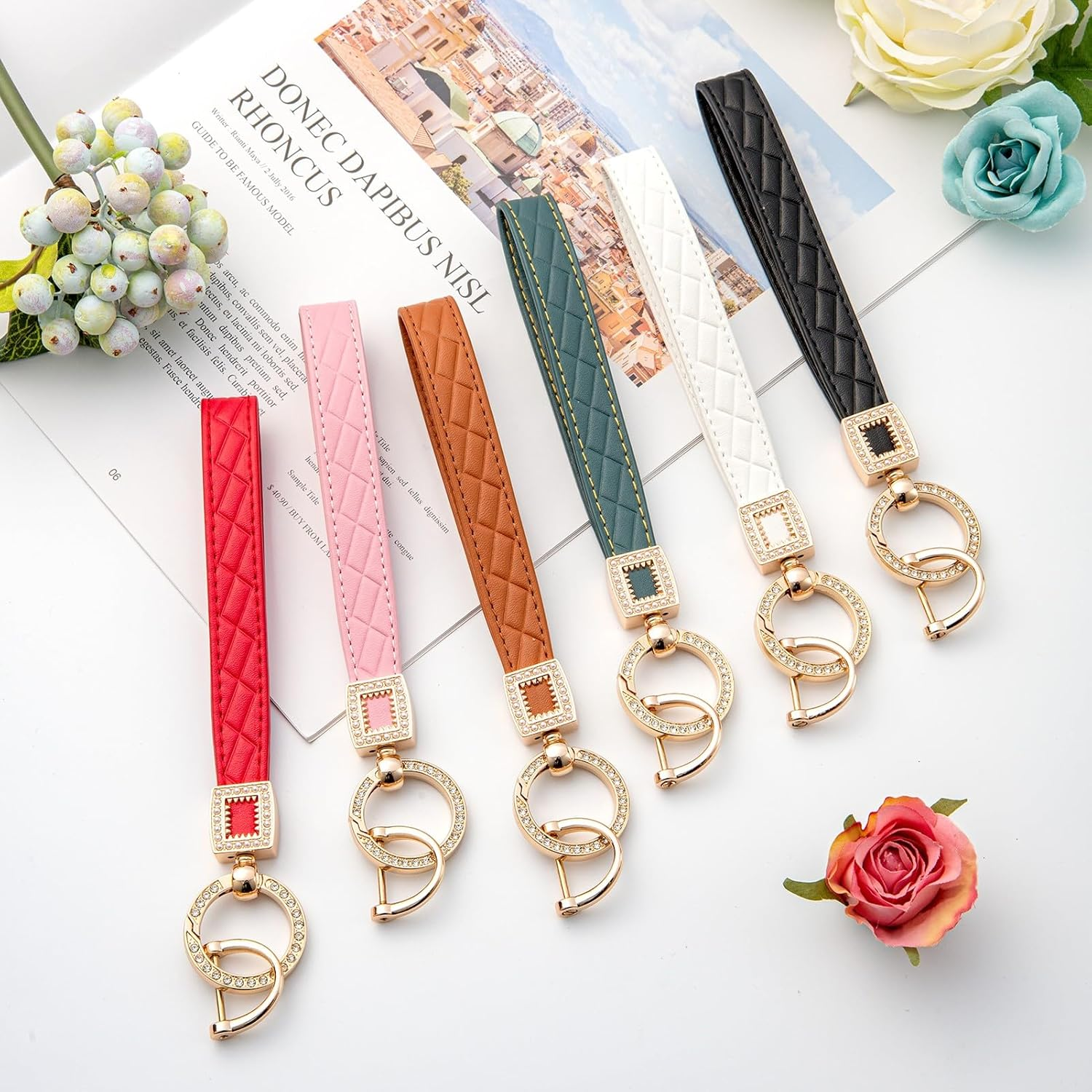 AOKSUNOVA Keychain Wristlet PU Leather Car Key Chain Holder Keychain Lanyard Wristlet Strap White - Brown image number 2