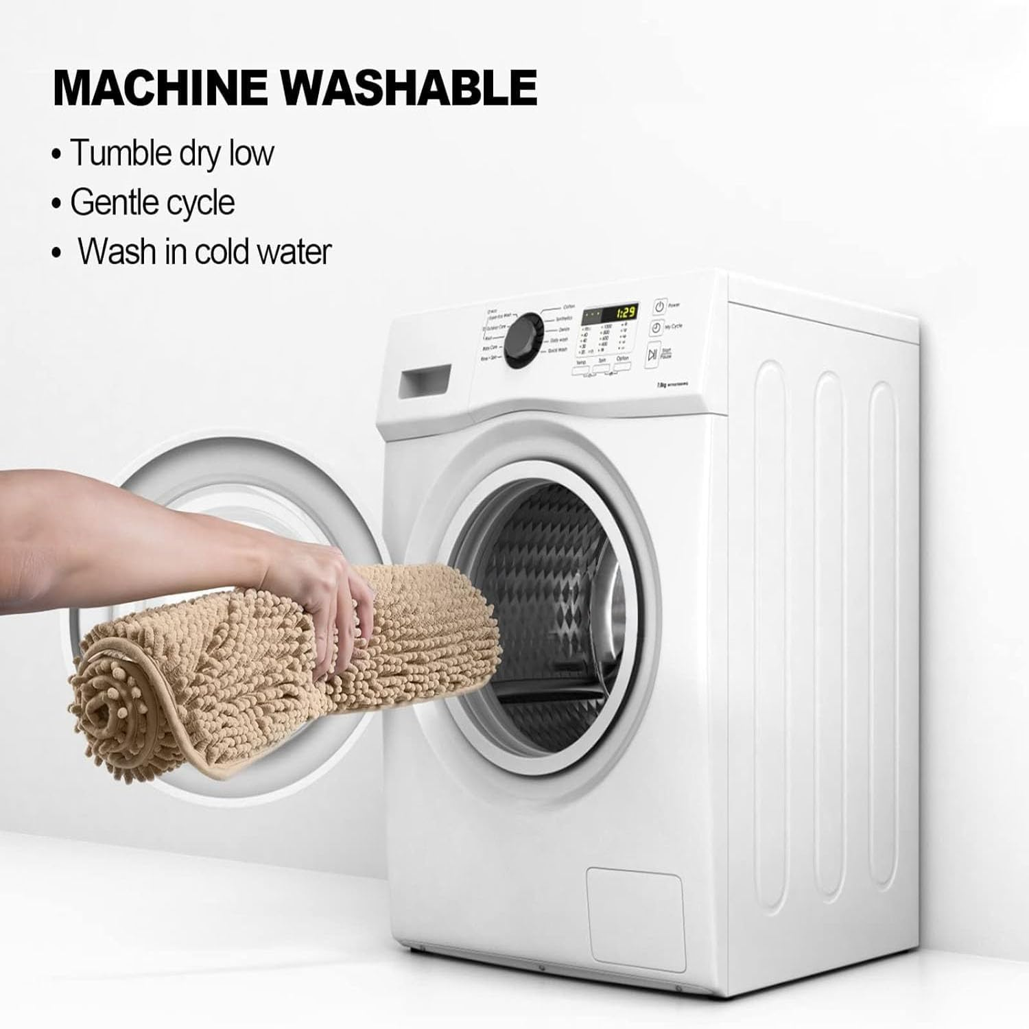 Taicols Bath Mat Set, 2 Pcs Non-Slip Microfiber Shag Bathroom Rug Mat, Chenille Non-Slip Back Bathroom Mat, U Shape Toilet Rug Fleece Softness, Bathroom Carpet, Super Soft Microfiber Bath Rug (Camel) - Gray image number 3