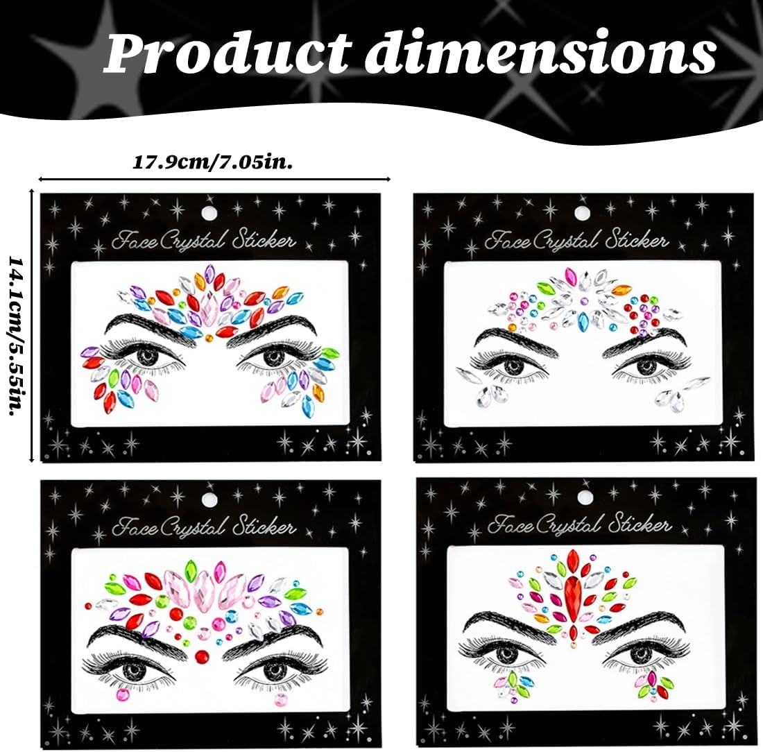 ZORVYN 4 Pieces Face Rhinestones Rhinestone Stickers Face Rhinestones for Music Carnival Party Makeup