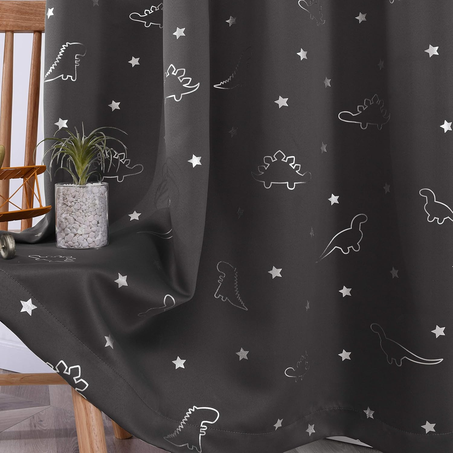 LORDTEX Dinosaur and Star Foil Print Blackout Curtains for Kids Room - Thermal Insulated Curtains Noise Reducing Window Drapes for Boys and Girls Bedroom, 42 X 63 Inch, Grey, Set of 2 Panels image number 5