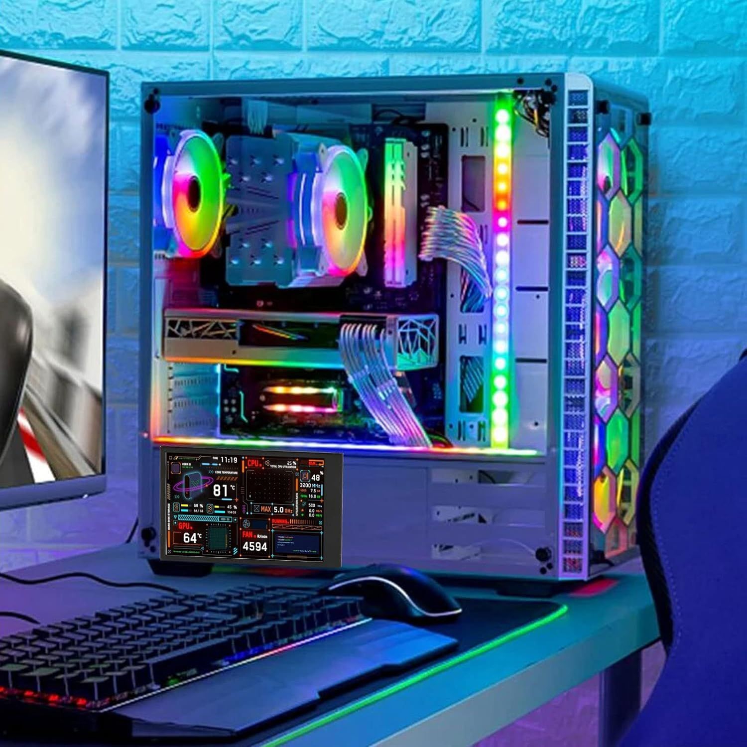 Computer Temperature Monitor, 3.5 Inch Display, Data Display, USB C Interface, Customizable Layout, Brightness Adjustment, Black, for System