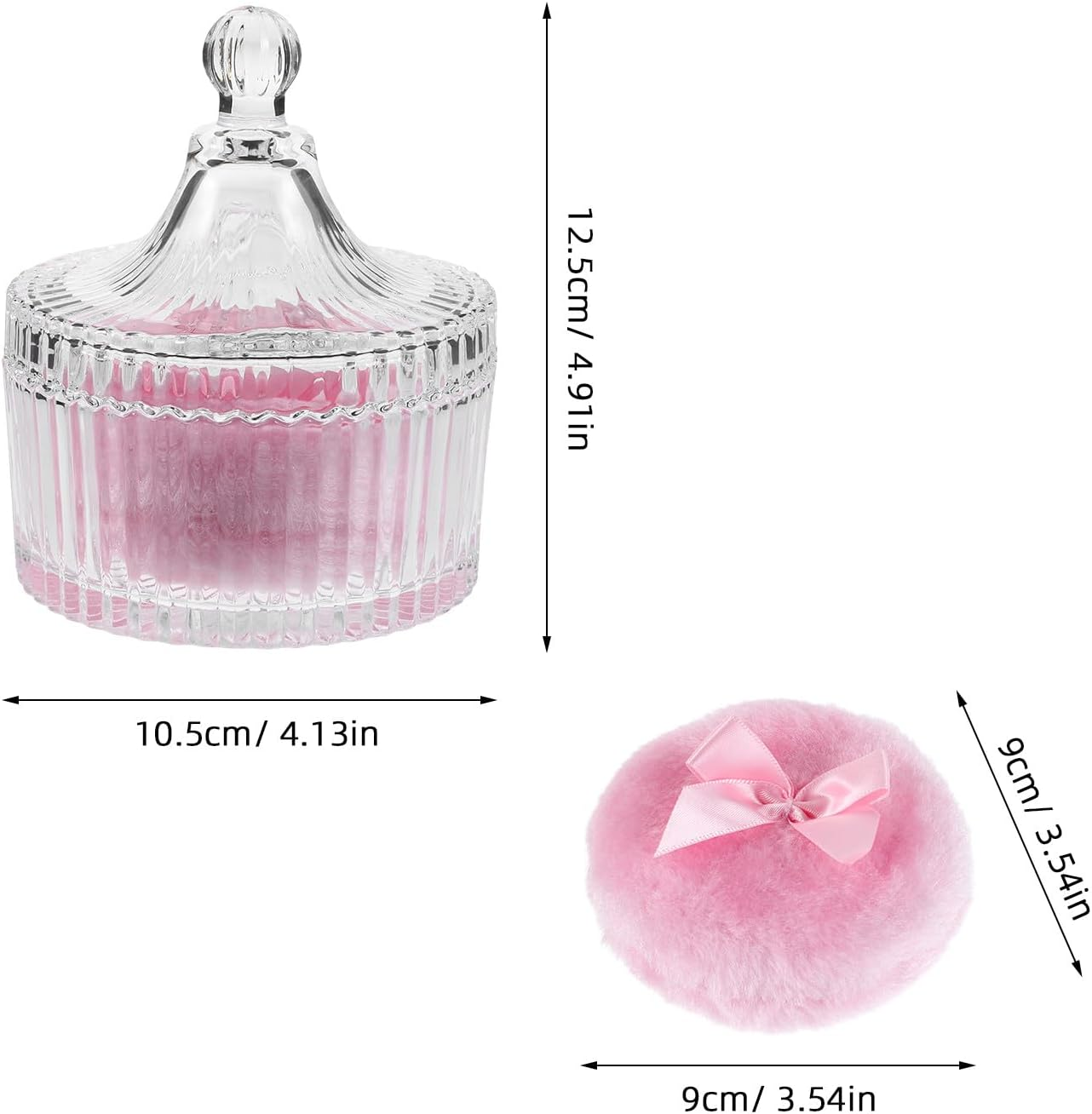 HOMOCONO Large Fluffy Soft round Powder Puff with Pink Butterfly Ribbon 90X30Mm for Body and Face Loose Powder Application, Reusable Washable Cosmetic Puff with Glass Container for Women
