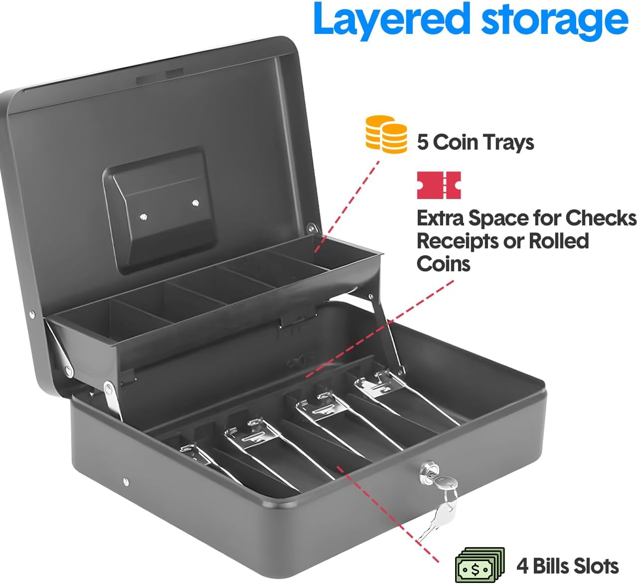 Aumerage Metal Cash Box with Security Lock & 2 Keys - 4 Bill/5 Coin Tray Storage, Large Lockable Money Box for Small Business/Home (Gray) image number 4