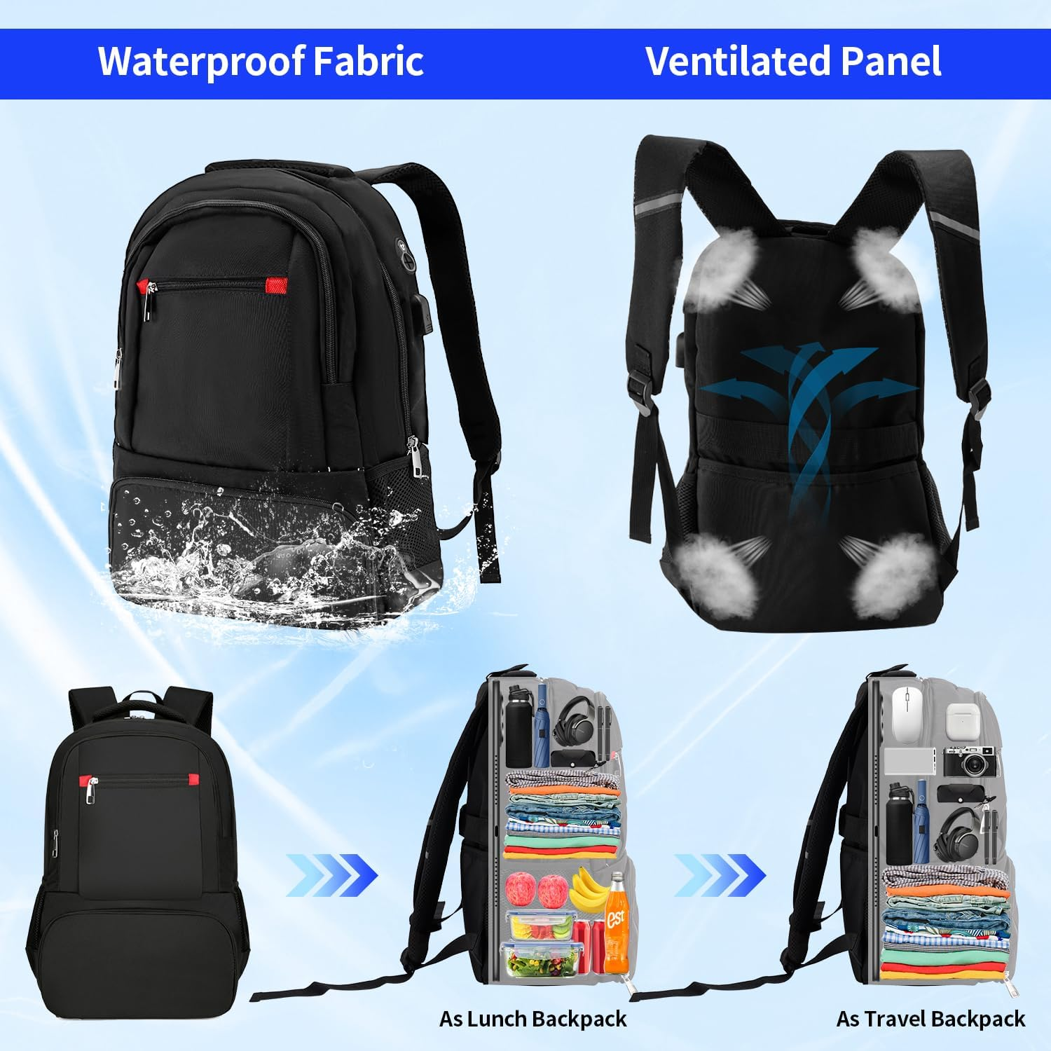 Laptop Backpack for Women Men,35L Waterproof Work Backpack with USB Charging Port Headphone Jack, Portable Computer Back Pack with Insulated Lunch Compartment for Hiking Travel Outdoor 49 * 33 * 22Cm image number 5