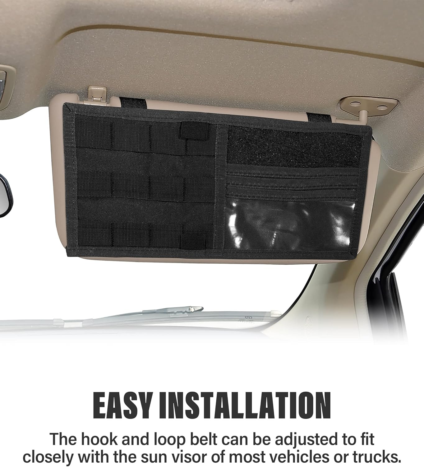 YAKEFLY Car Organizer, Visor Panel with Molle Elastic Straps, Vehicle Sun Visor Holder, Black - Beige image number 5