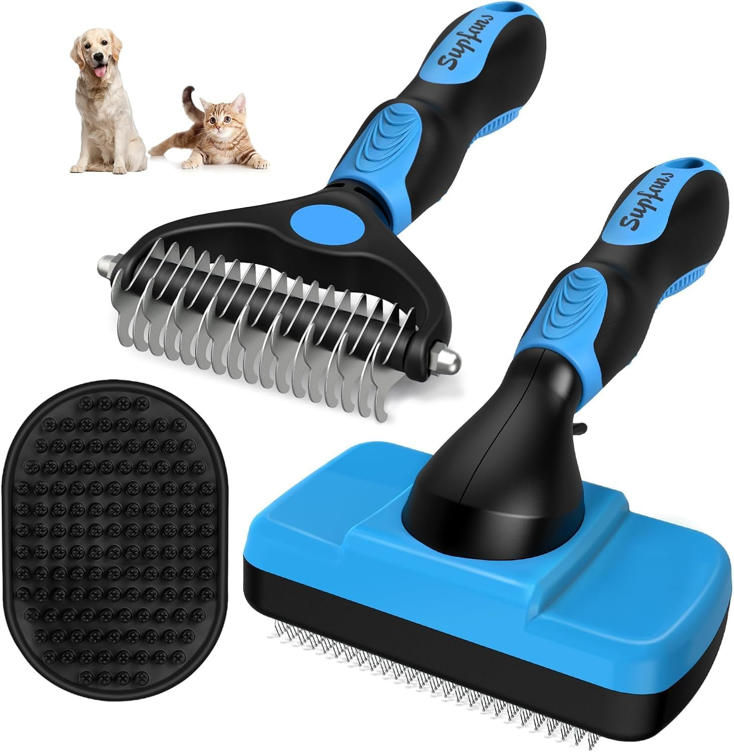 Dog Brush,3Pcs Dog Grooming Kit - Deshedding Brush, Slicker Brush, Bath Brush and Comb for Pet Supplies (Blue) image number 3