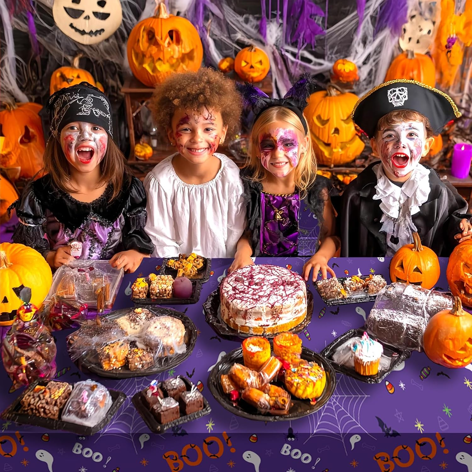 OQOQ Halloween Tablecloth (3, Black Orange Purple), 108X54 Inches Halloween Plastic Table Cloth Disposable Party Favors Pumpkin Boo for Outdoor Indoor Table Decor Backdrop Banner Party Supplies image number 5