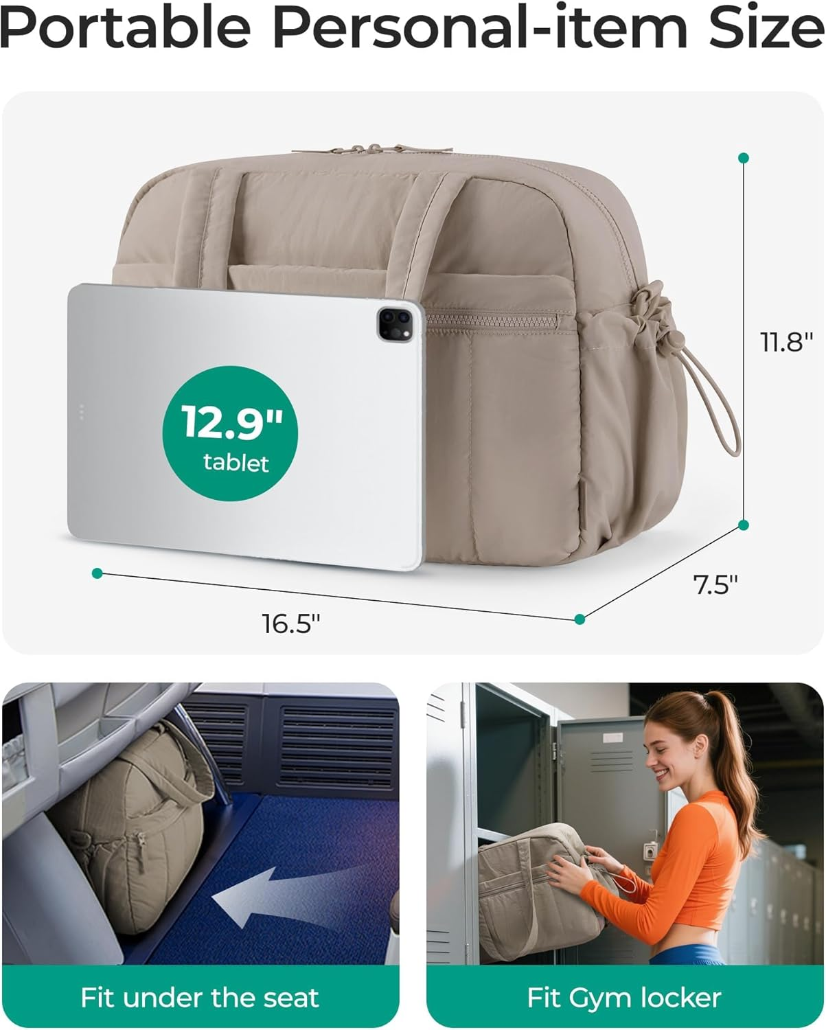 Gym Bag for Women, Duffle Bag for Travel with Wet Pocket, Lightweight Carry on Weekender Duffel, Water Resistant (Camel) image number 3