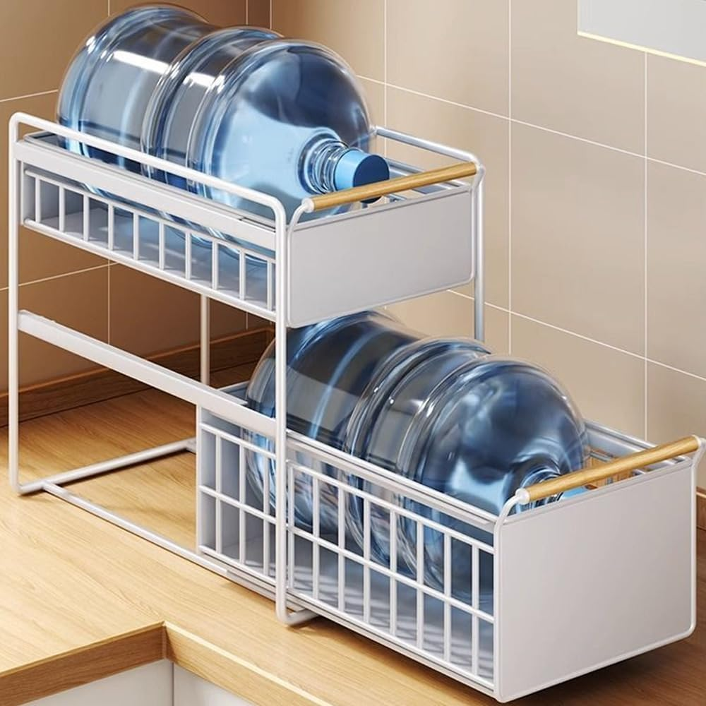 Leona Co Pull Out 2 Tier Metal Cabinet Organizer with Solid Wood Handle - No Assembly Required, Durable Mesh Design - Multi-Purpose Storage for Kitchen, Bathroom, Office (Large) image number 4