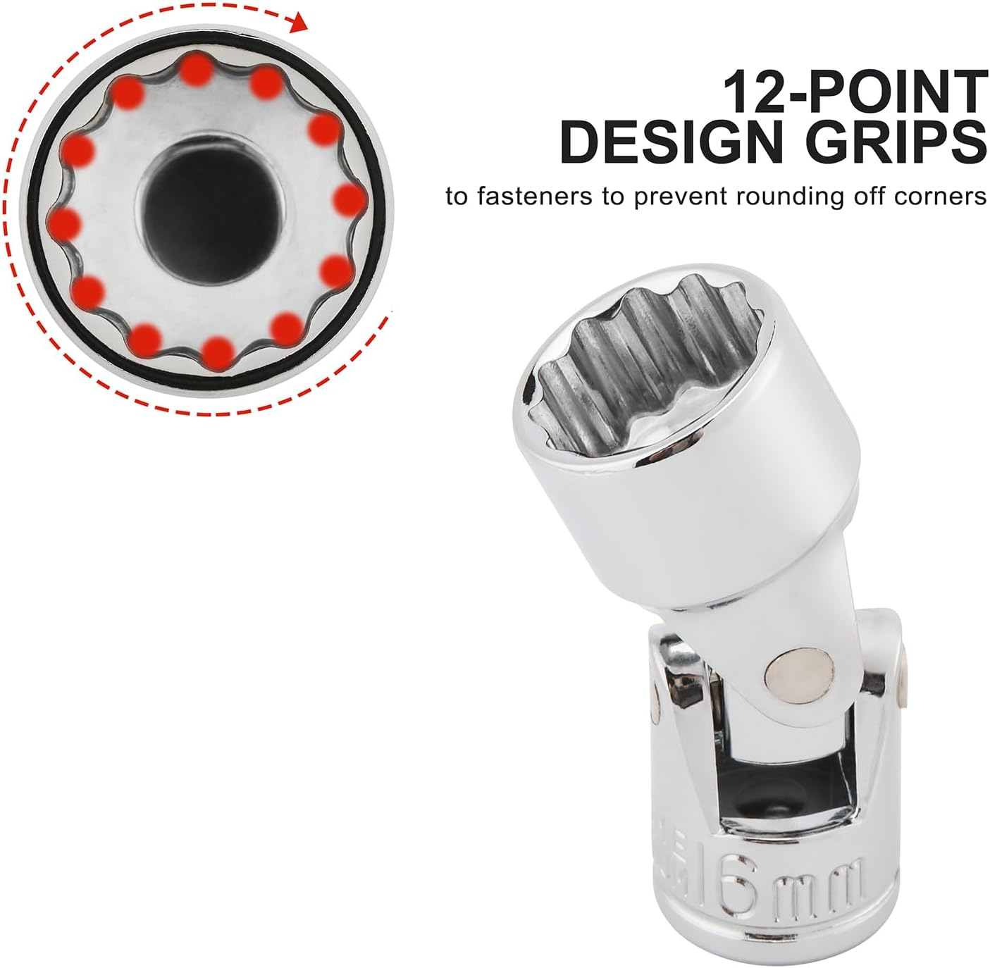 CASOMAN 3/8" Drive Universal Joint Socket Set- 10 Piece Flex Socket Set, 12-Point, Cr-V, Metric, 10-19Mm, Mirror Chrome Finish image number 2