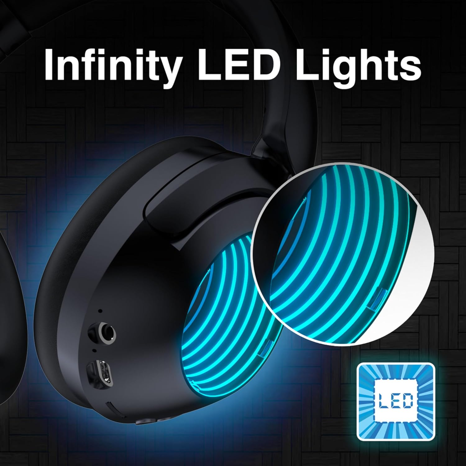 Laser Infinity RGB Light Bluetooth Headphones with Built-In Mic, 6 HRS Playtime, Touch Controls - Supports Bluetooth 5.4, AUX, Micro SD, USB C Charging, Black image number 5