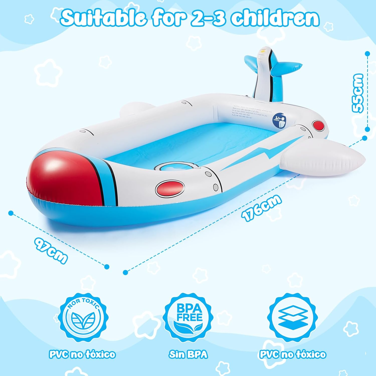 Inflatable Pool Splash Fun for Kids - 176Cm Multi-Spray Kiddie Pool, Outdoor/Indoor Beach Wading Pool for 2-3 Children (Ages 3-10), Garden & Living Room Play image number 2