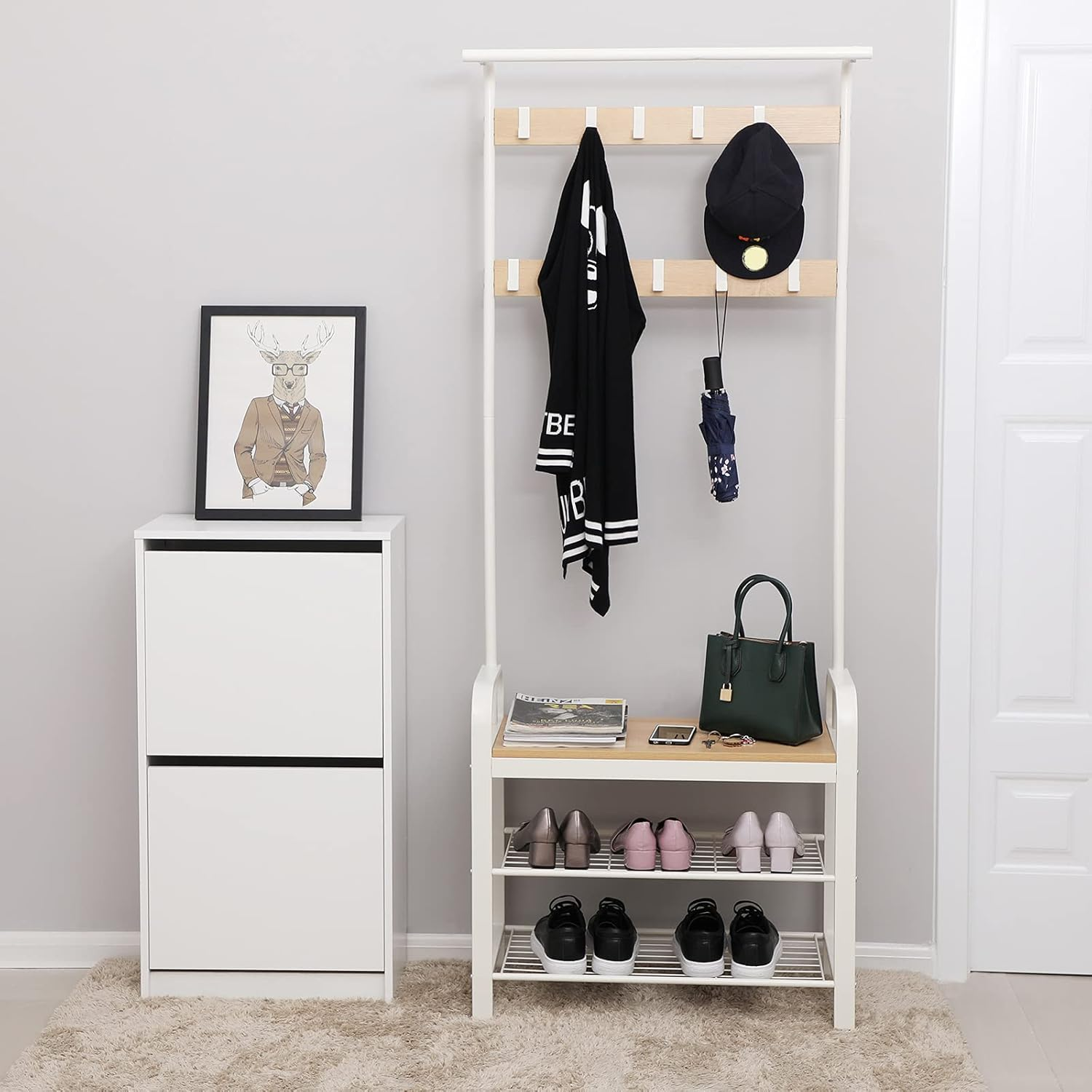 VASAGLE Coat Rack, Coat Stand with Shoe Storage Bench, 4-In-1 Design, with 9 Removable Hooks, a Clothes Rail, for Hallway, Entrance, 33.7 X 72 X 183 Cm, Modern, Oak and Cream HSR40W