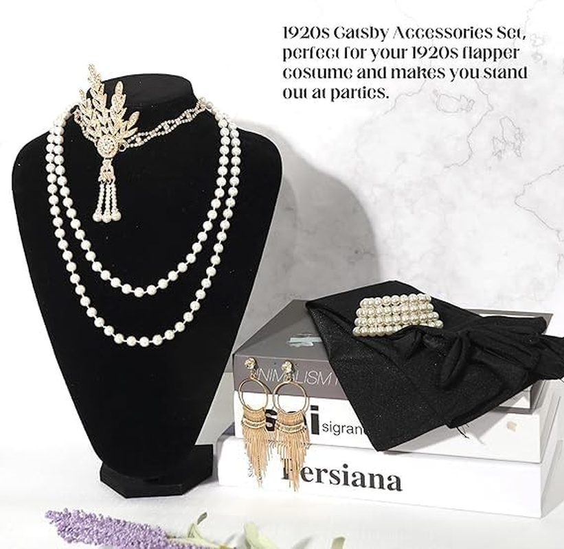 Wzenclave 1920S Gatsby Accessories Set for Women Flapper Costume 5PCS Roaring 20S Flapper Headband Pearl Necklace Gloves Plastic Holder Costume Harlem Nights Accessories Set for Women image number 5