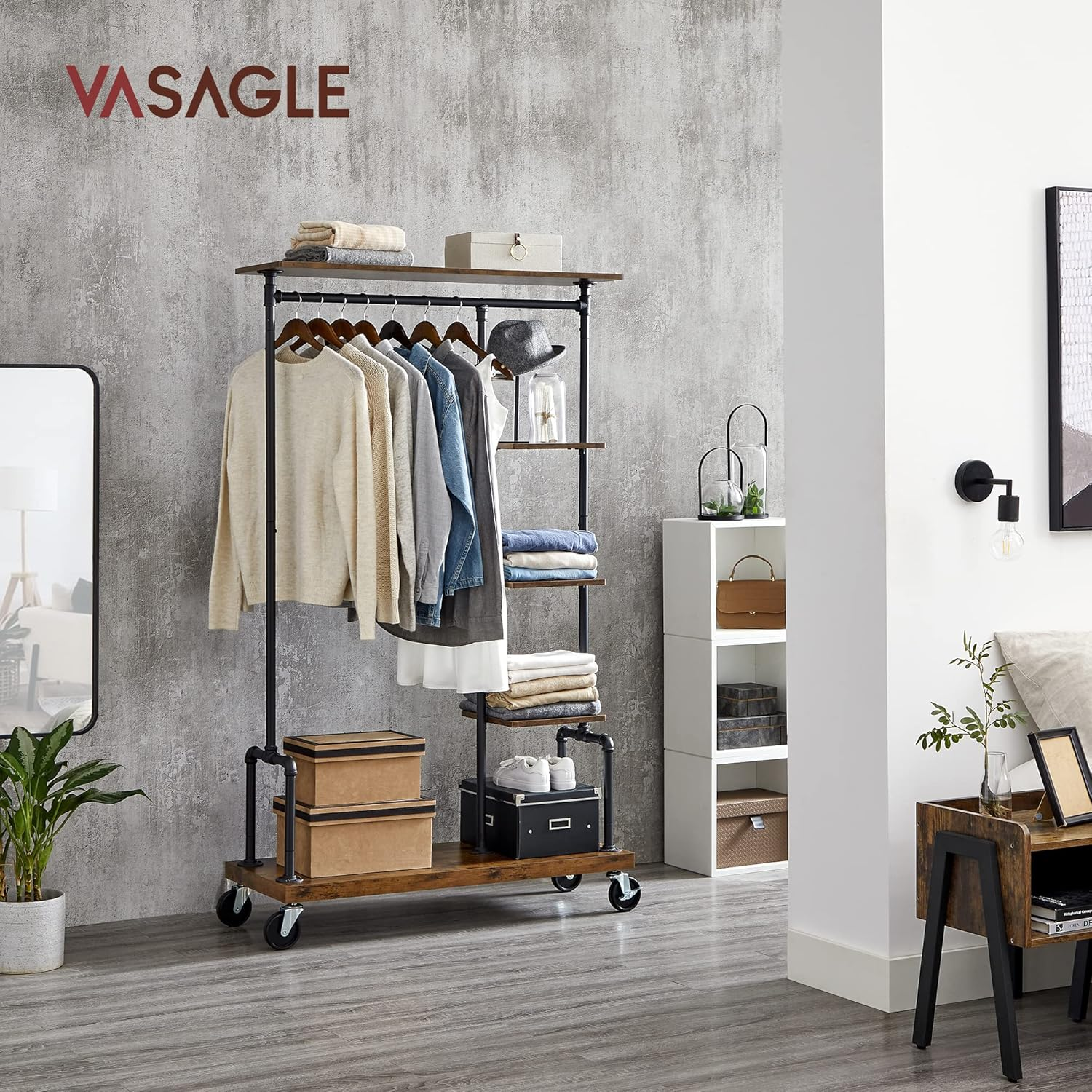 VASAGLE Clothes Rack, Clothing Rack on Wheels, 5-Tier Garment Rack with Metal Pipes, for Bedroom, Store, Laundry Room, Living Room, Rustic Brown and Black HSR66BX image number 5