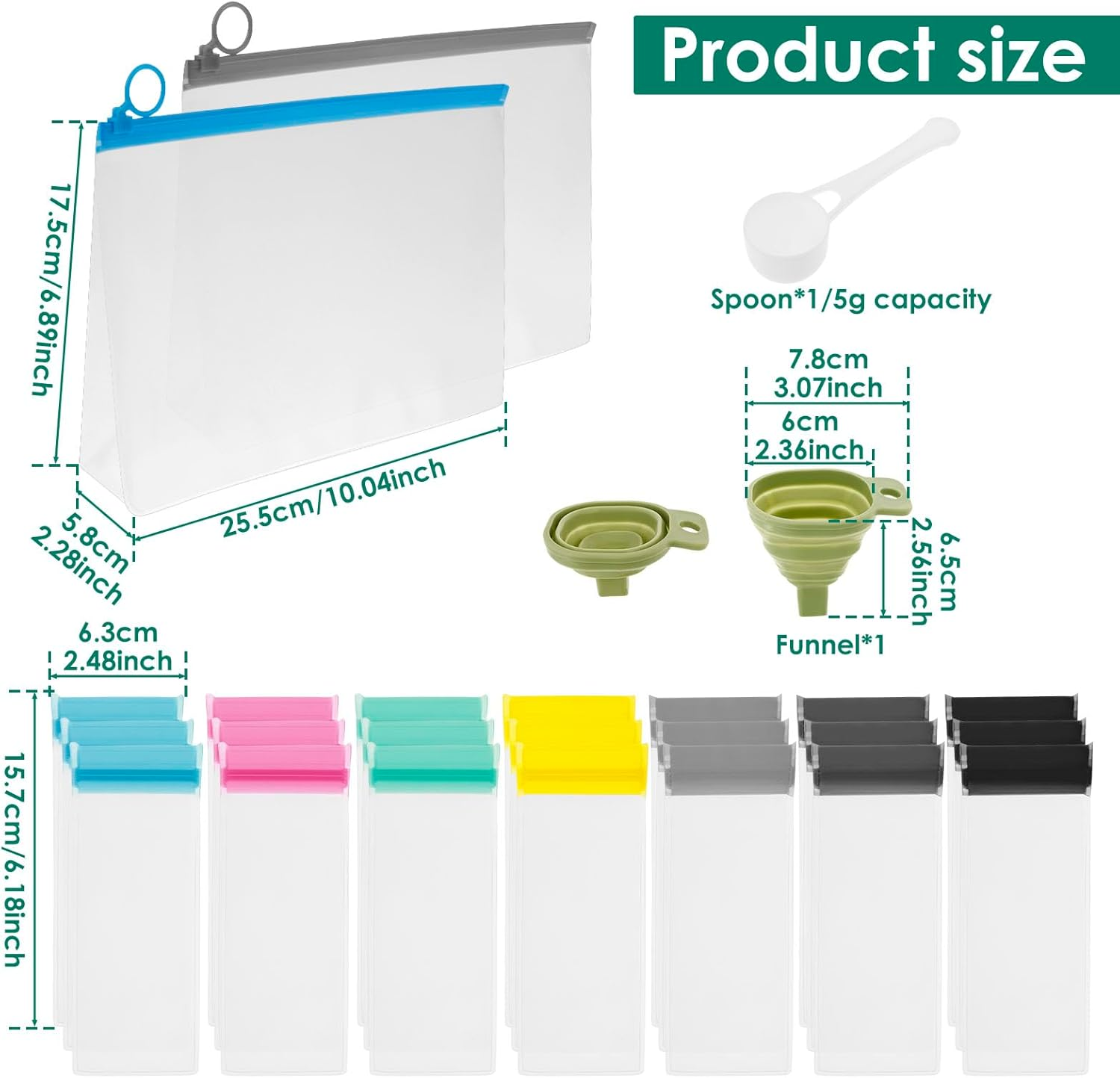 Protein Powder Travel Container Set, 25 Pcs Reusable Protein Powder Container to Go, Portable Supplement Storage Containers with Funnel and Spoon, Travel Containers Zip up Bags for Workout Fitness image number 4