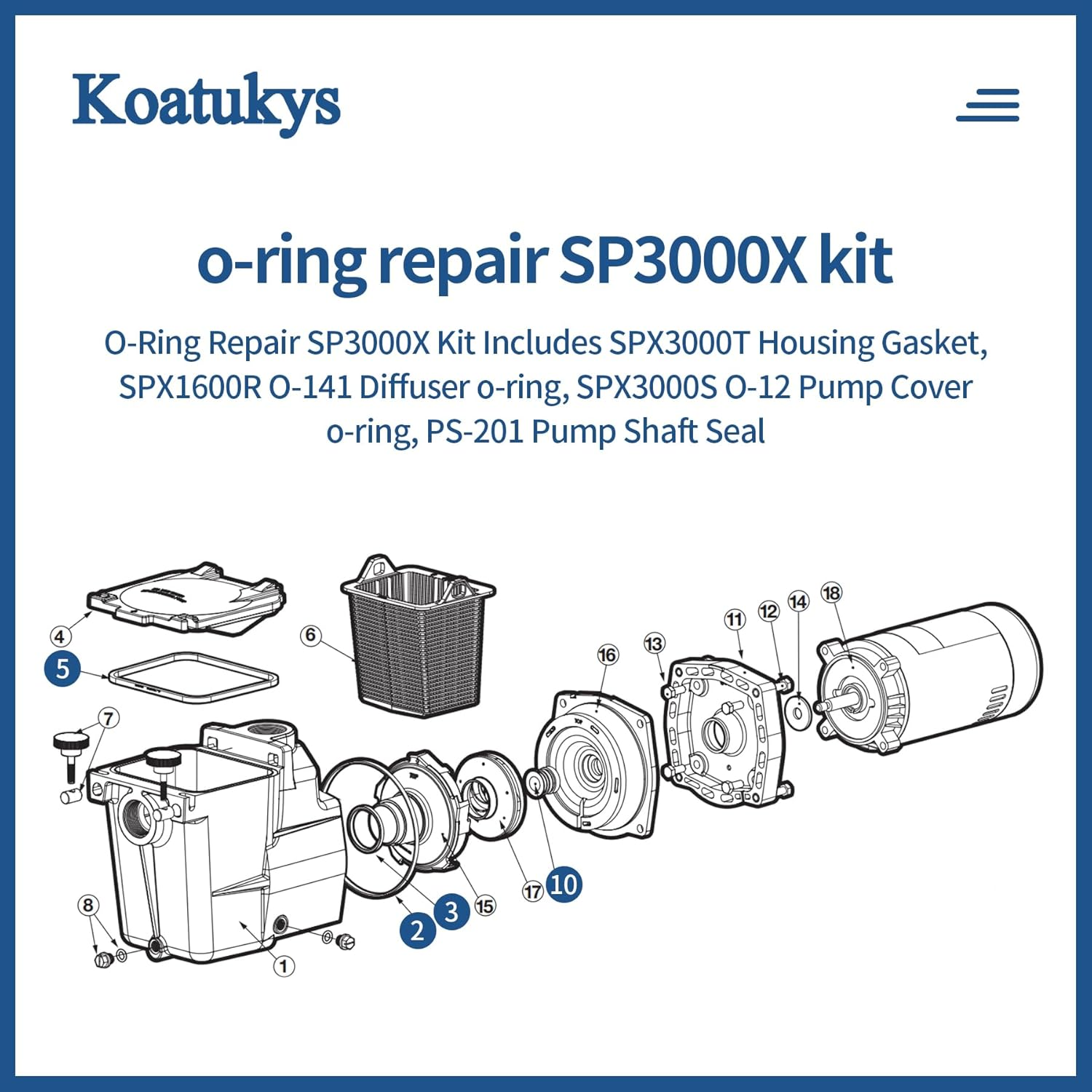 Koatukys SP3000X Shaft Seal Gaskets and O-Ring Kit for Hayward Super II Pool Pump Series with Diffuser, Lid Gasket, Housing Gasket and Shaft Seal Assembly SPX1600Z2 PS-201 image number 3