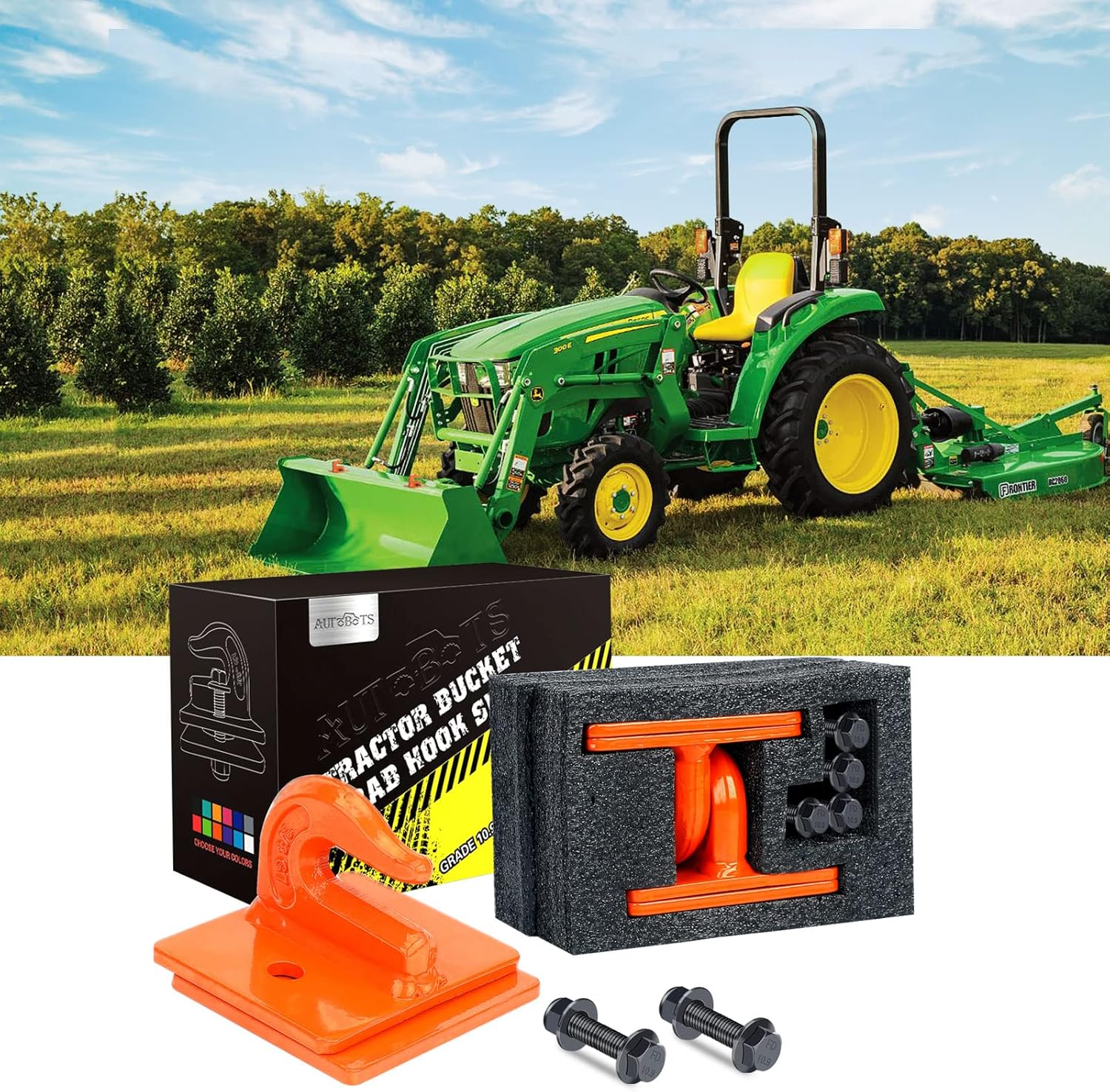 AUTOBOTS Tractor Bucket Hooks 3/8" (2 Pack),Max 15,000 Lbs, Bolt on Hooks for Tractor Bucket,Heavy Duty Grab Hook Tow Hook,Indispensable Tractor Bucket Accessories for Rv,Utv,Truck,Orange - Black image number 6