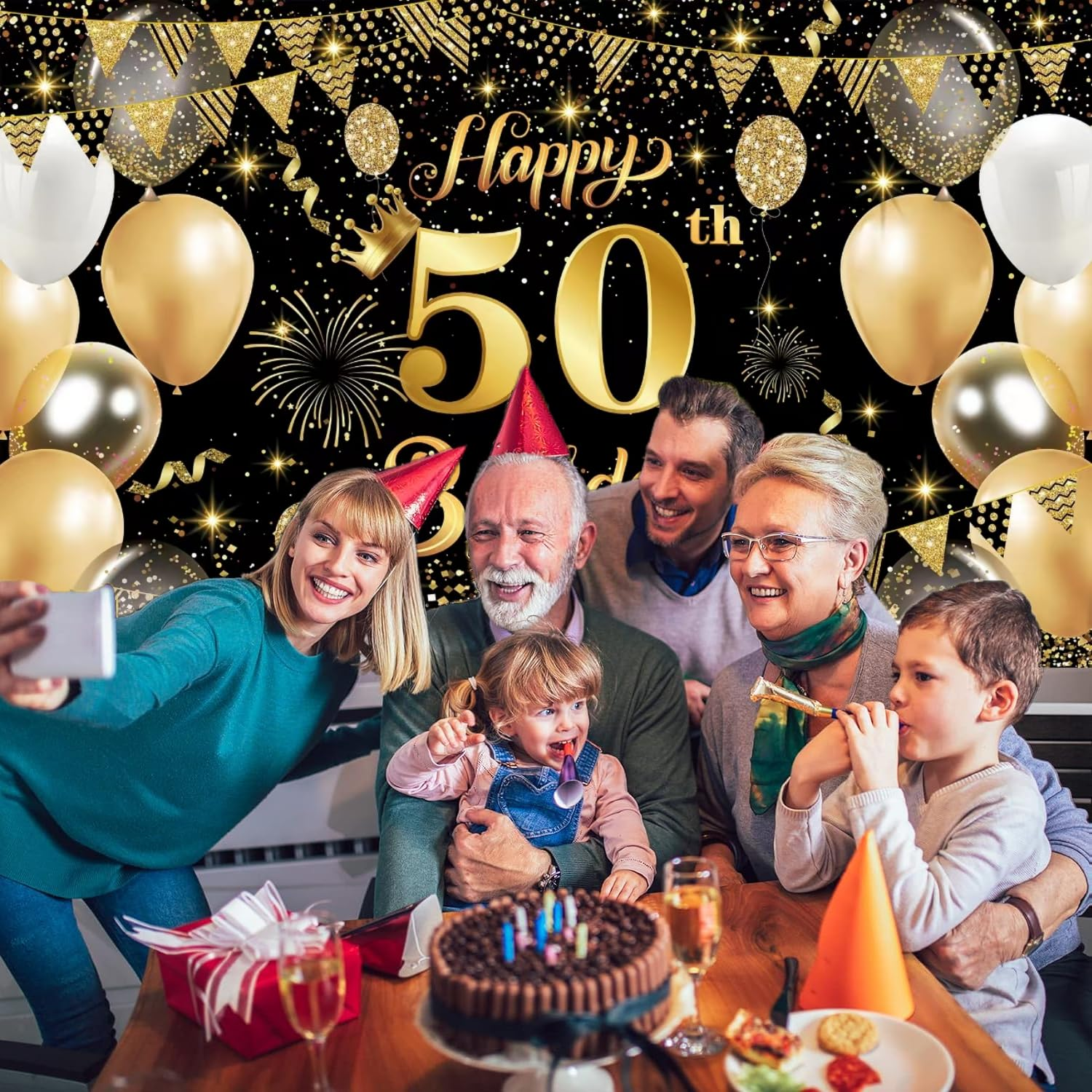 Yuanbigtai 50Th Happy Birthday Banner,Happy 50Th Birthday Decorations Backdrop,Birthday Party Decoration Black Gold Sign Poster for Backdrop Background for Men, and Women Birthday, 70.8 X 43.3 Inch image number 2
