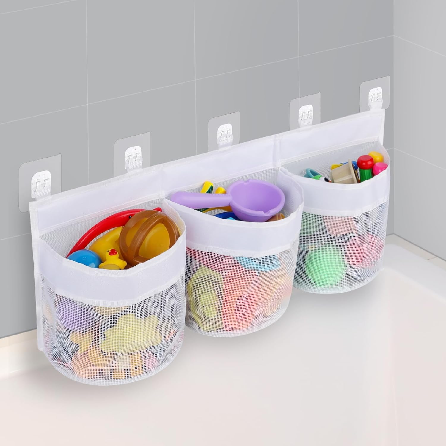 Large Bath Toy Storage Organizer with 3 Compartment Openings 5 Strong Self Adhesive Hooks, Mesh Baby Bathtub Shower Toy Tidy Net Basket Holder Bags for Bathroom Bedroom image number 4