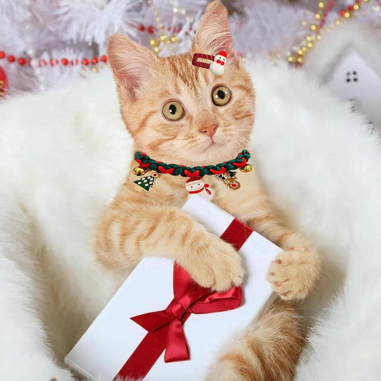 Christmas Adjustable Cat Collar,Christmas Handmade Woven Dog Cat Collar with Bell,Christmas Pet Collar and Hair Clip Ornaments for Small,Medium Cat Dog Christmas Party Accessories (B) image number 1