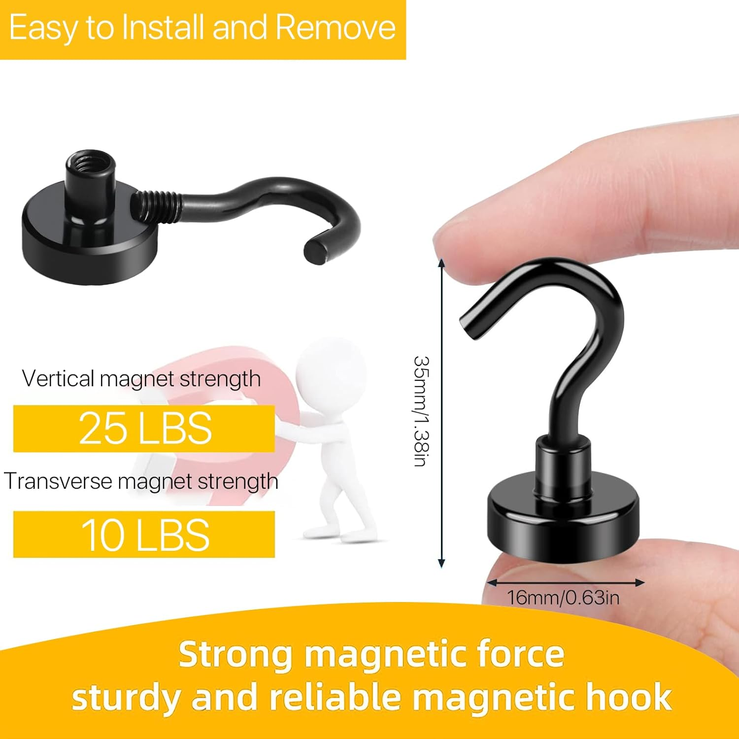 Leuik 20Pcs Magnetic Hooks Heavy Duty Strong Magnet Hooks for Hanging with Neodymium & Non Scratch Adhesive, Magnetic Hanger for Cruise Ship Camping Grill Kitchen Toolbox Storage Refrigerator,Black image number 4