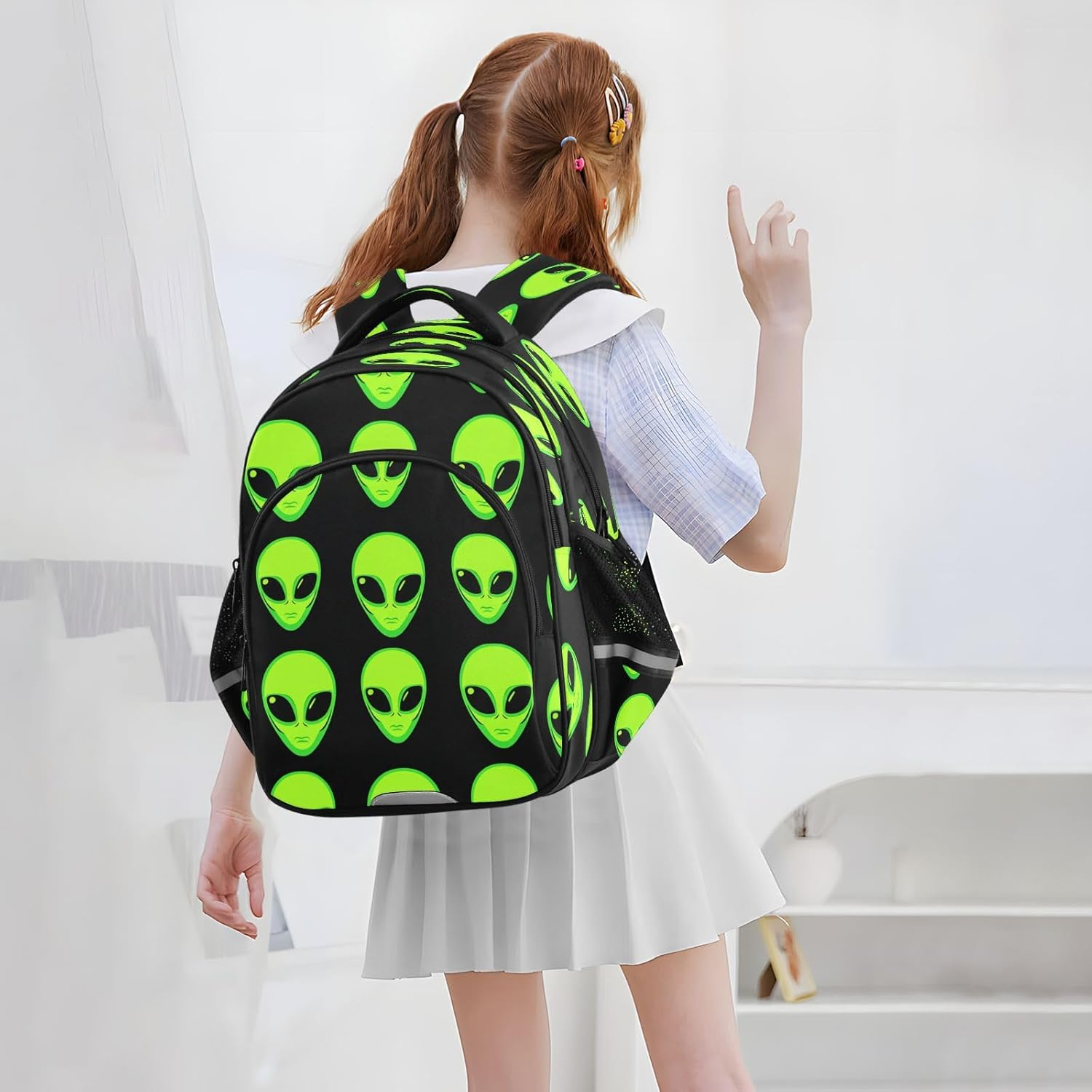 Green Aliens Black Kids School Backpack for Boys Girls Ages 8-14, Backpack for Boys Elementary School image number 2
