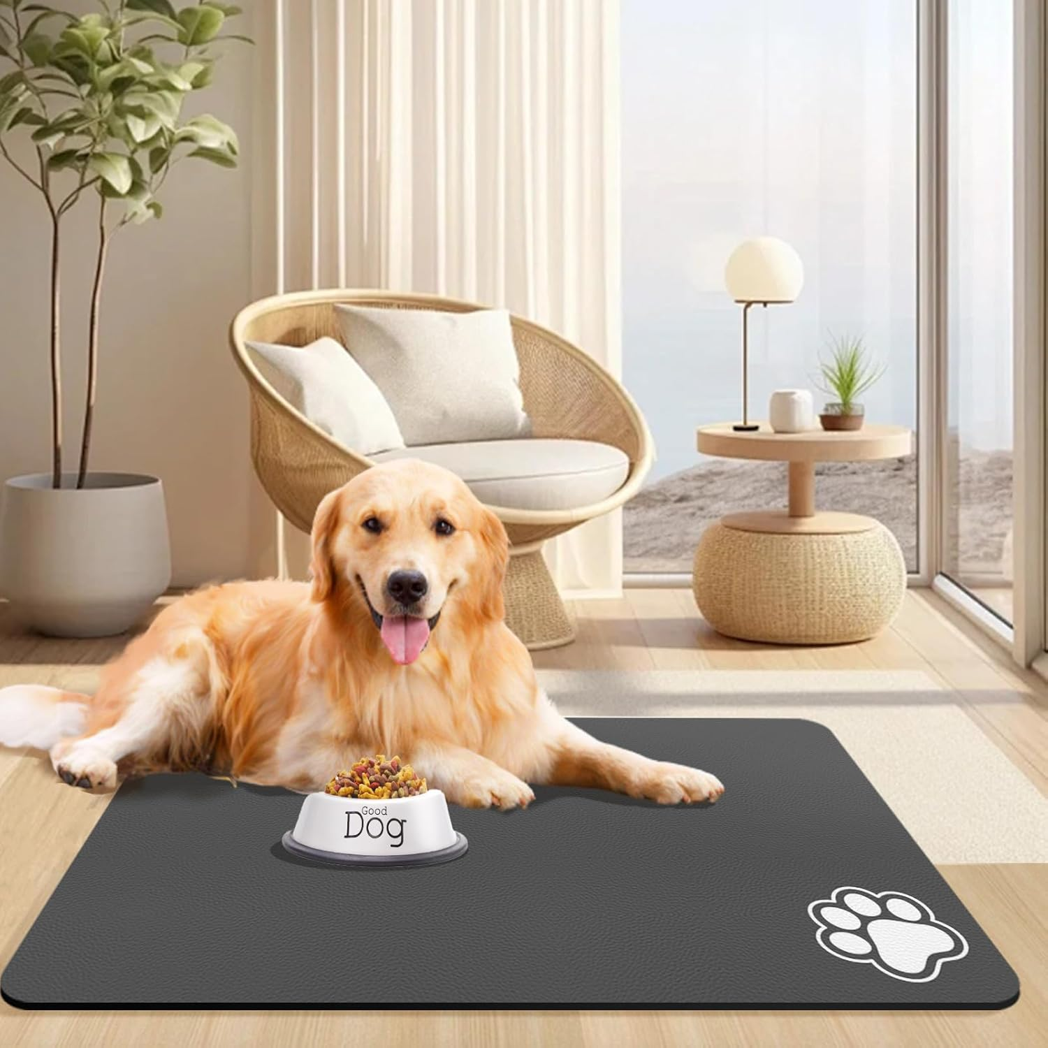 Pet Food Mat, Absorbent Dog Mat for Food and Water, Pet Placemats for Cat and Dog Water Bowl, Non-Slip Dog Food Mat, Dog Feeding Mat to Protect Your Floors (Dark Grey-2 Paws, 44.5 X 71 Cm)