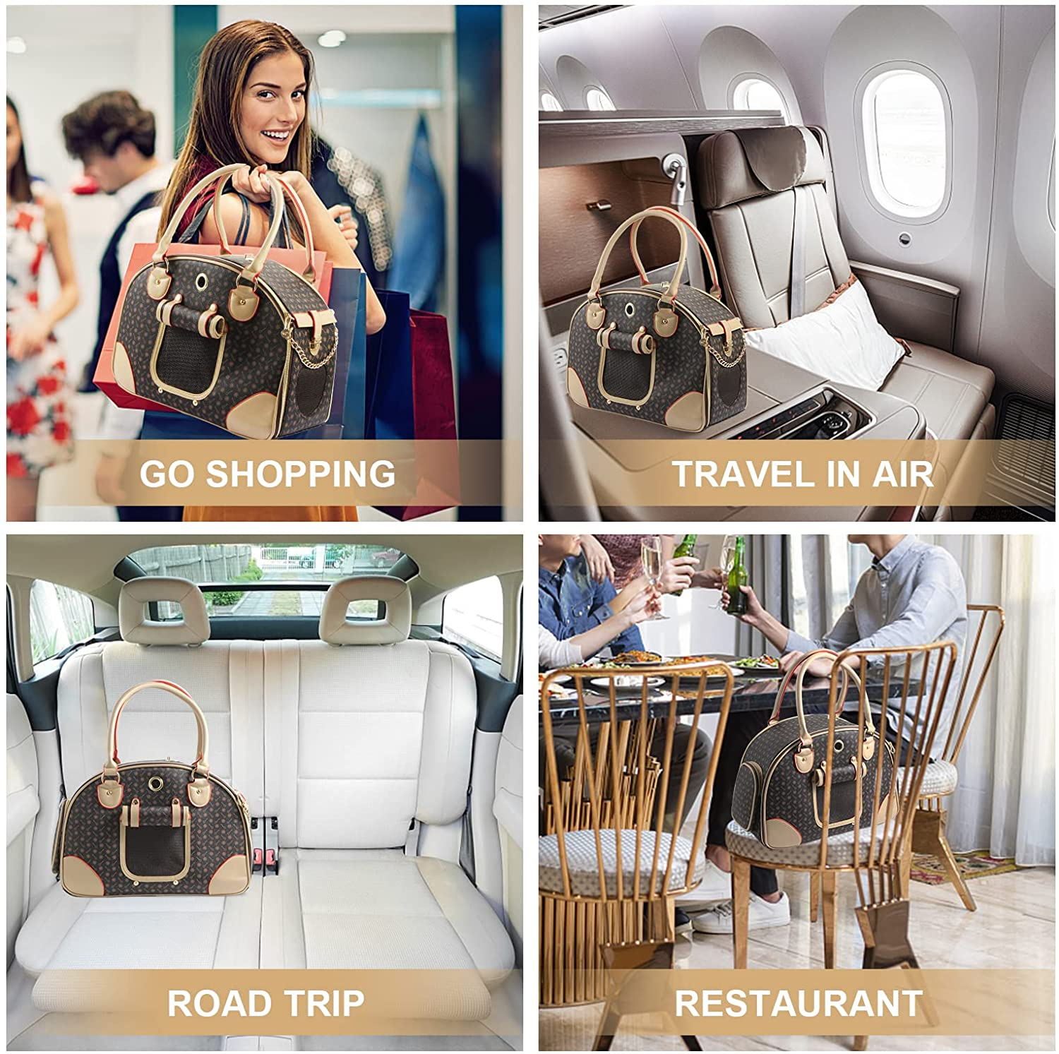 BETOP House Fashion Dog Carrier PU Leather Dog Handbag Dog Purse Cat Tote Bag Pet Cat Dog Hiking Bag, Brown, Large image number 3