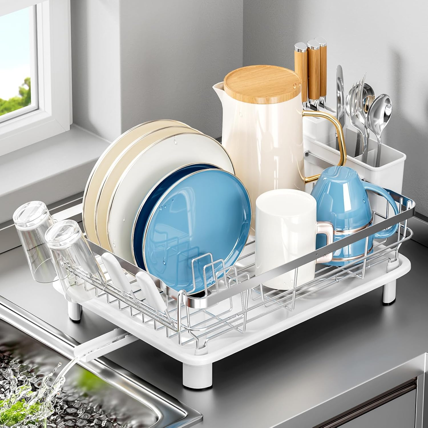 Sandream Dish Drying Rack, Dish Rack, Stainless Steel Dish Drainer for Kitchen Counter, Dish Rack with Draining Tray & Cutlery Utensil Holder, Kitchen Storage & Organisation(Grey)