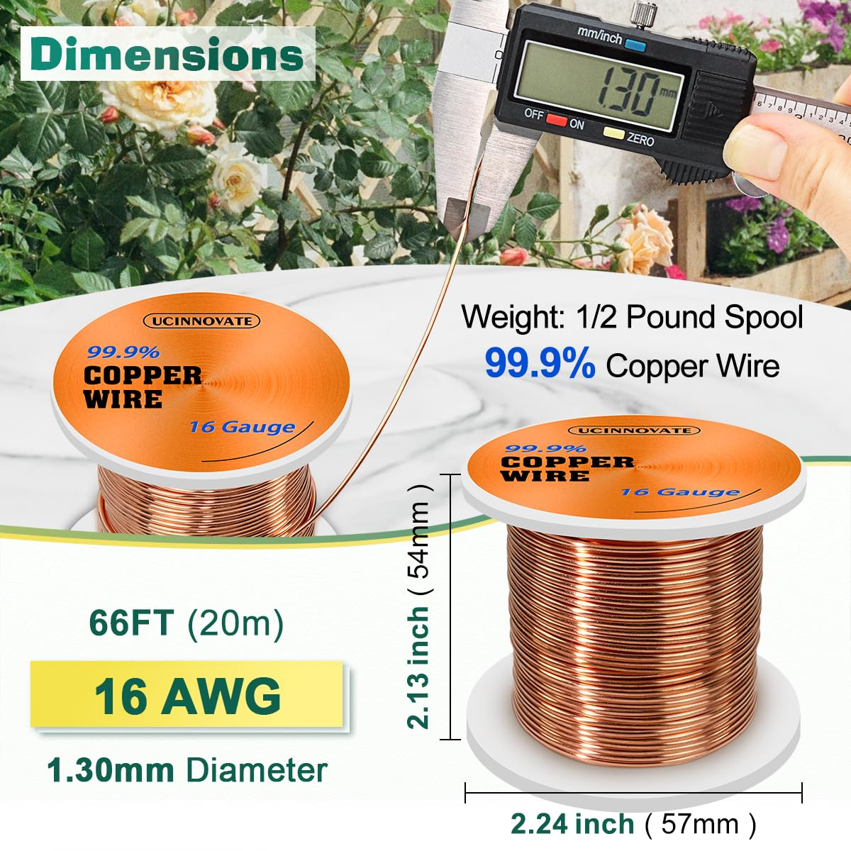 UCINNOVATE 99.9% Copper Wire, 16 Gauge Pure Copper Wire for Jewelry Making, 66FT 1.3Mm Diameter Solid Bare Copper Wire for Electroculture Gardening, Soft Copper Wire 16 Gauge for Craft 1/2 Lb Spool image number 4