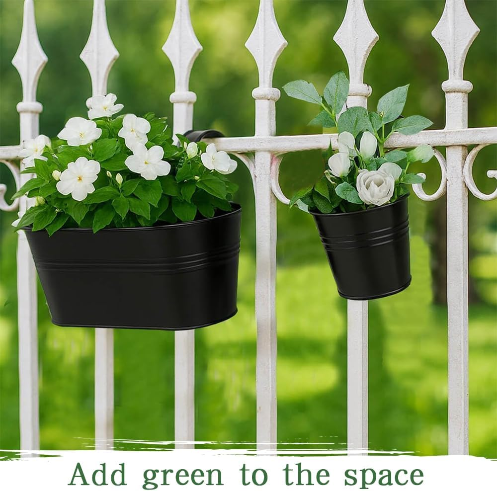 10 Pack Metal Iron Hanging Flower Pots,Oval Hanging Flower Pot,Removable Double Hooks,Balcony Hanging Flower Pots,For Porch,Railing,Balcony,Fence(Black) image number 2
