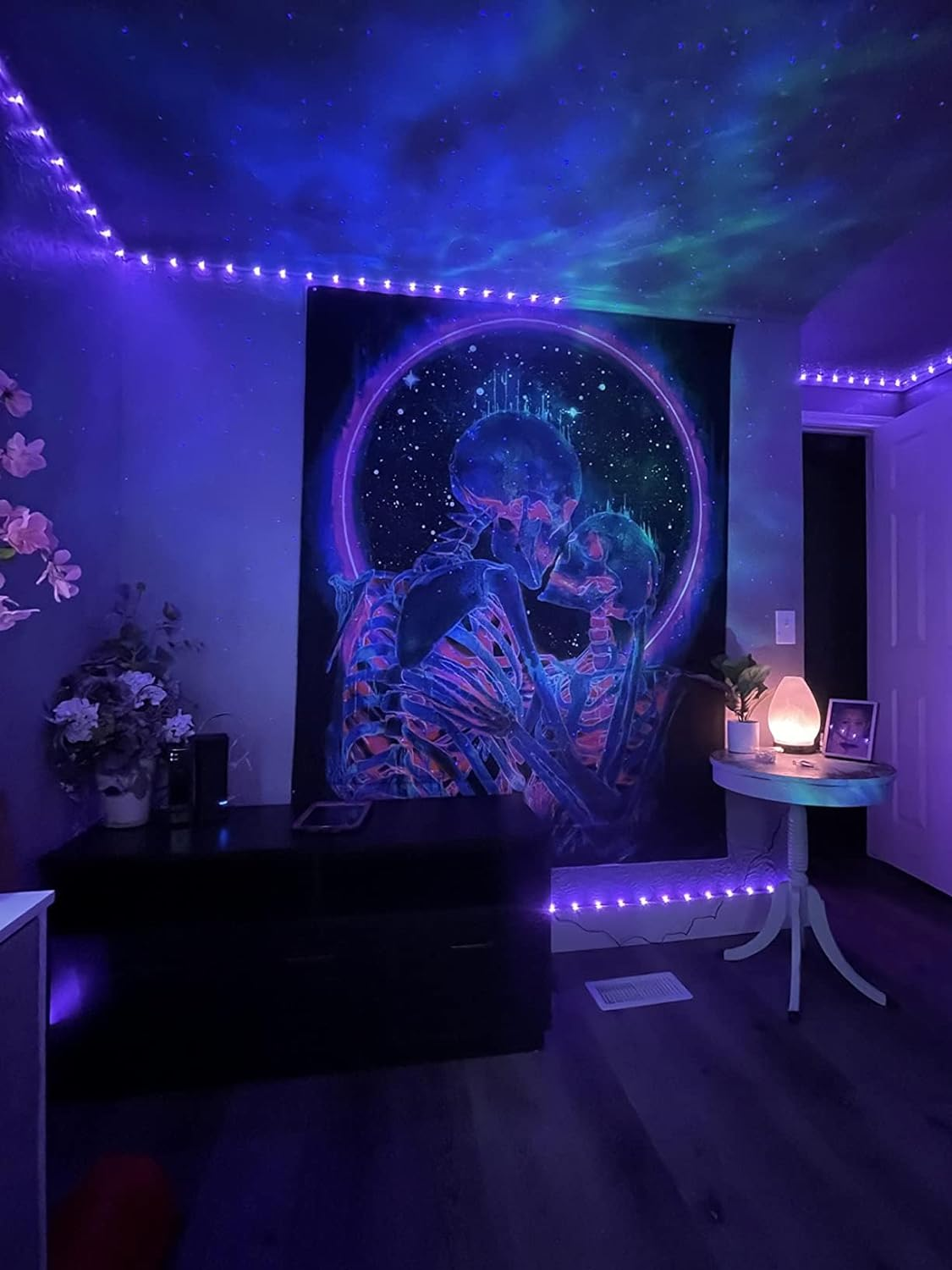 Manicer Blacklight Skull Tapestry, the Kissing Lovers Tapestry UV Reactive Trippy Neon Tapestries Glow in the Dark Party Backdrop, Skeleton Wall Art for Bedroom Living Room &ndash; 51.2&rdquo; X 59.1&rdquo; image number 2