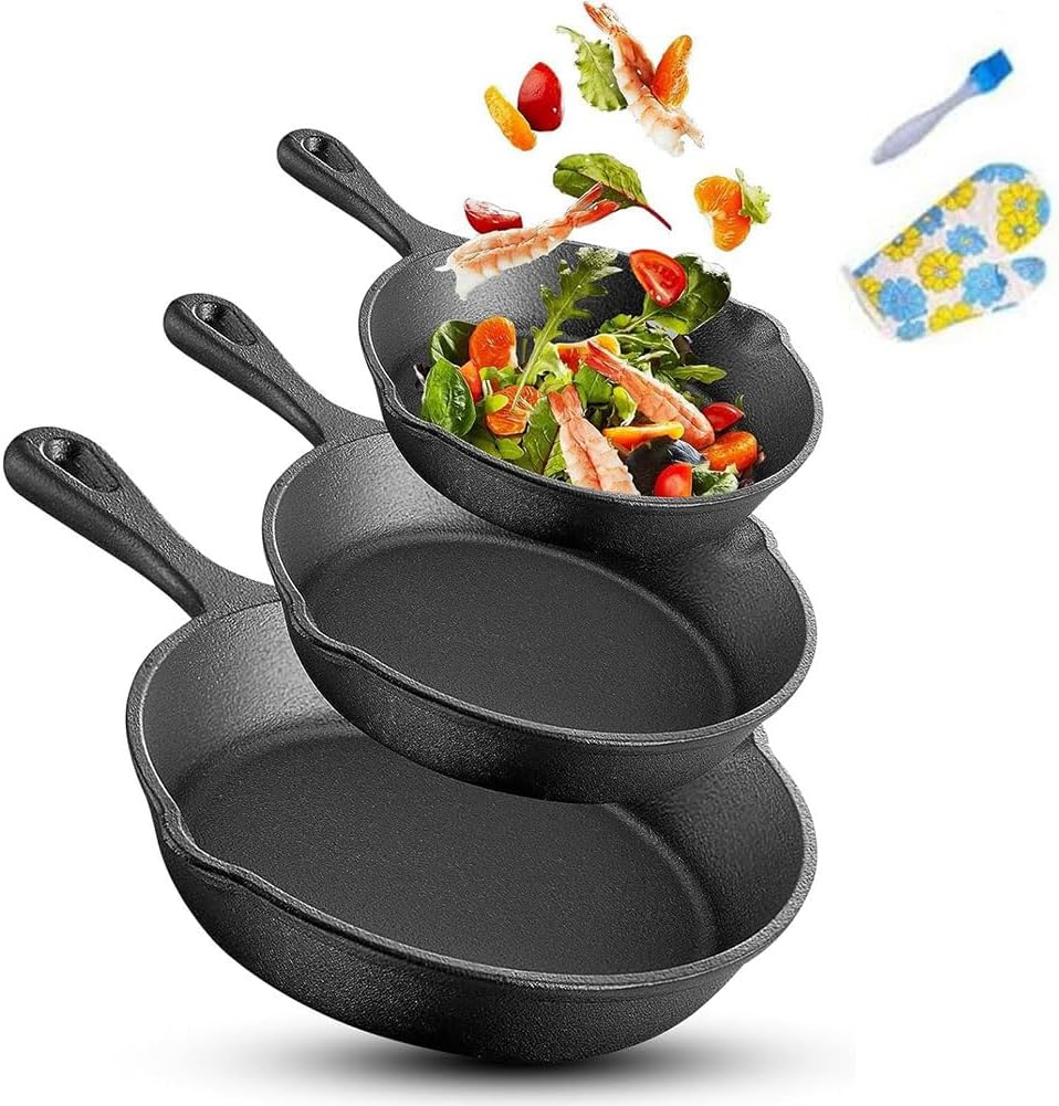 HPAMR Cast Iron Skillet Set of 3, Chefs Pan, Kitchen Frying Pan, Pre Seasoned Cast Iron Skillets, Nonstick Cookware Set, Professional Restaurant Chef Quality Pre-Seasoned Pan Cookware Set