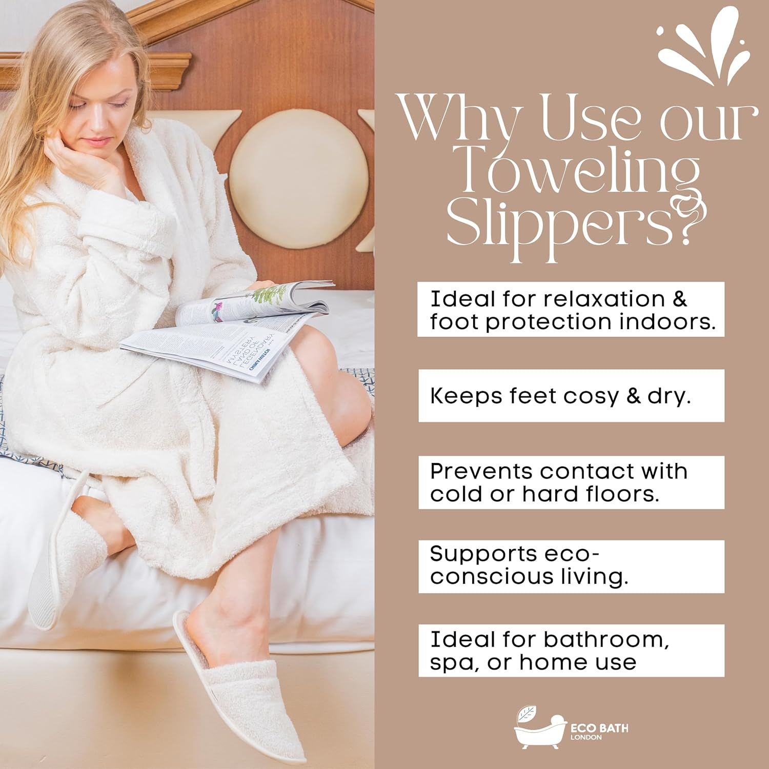 Eco Bath London Natural Toweling Slippers image number 5